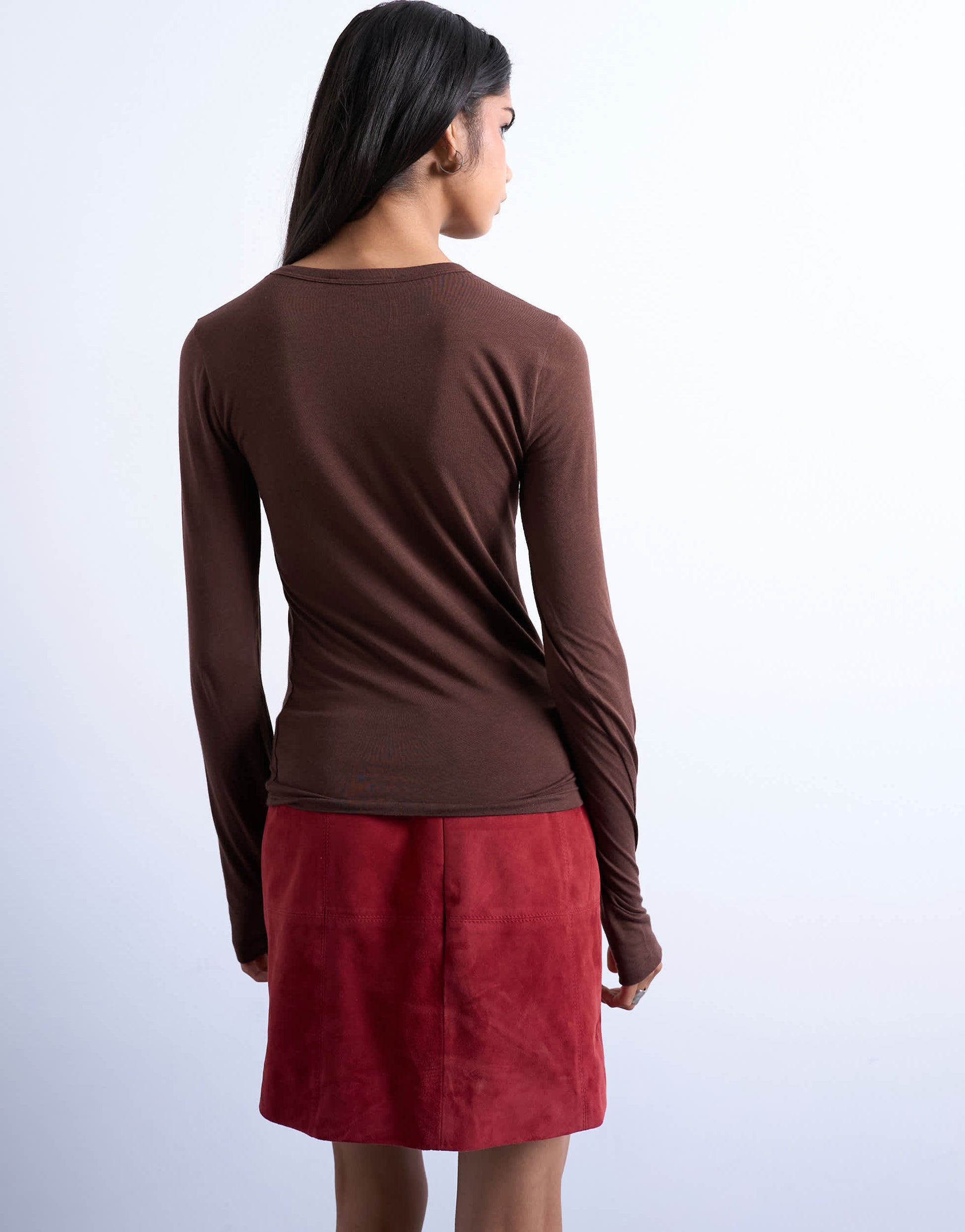 Topshop long sleeve crew neck superfine top in chocolate brown