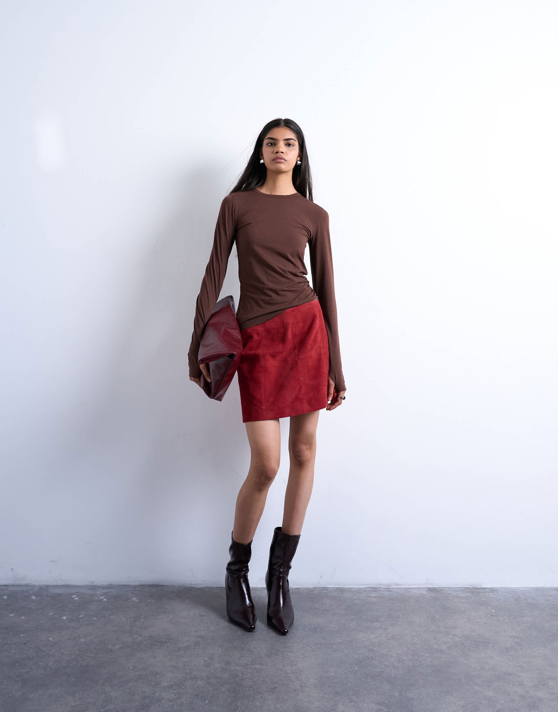 Topshop long sleeve crew neck superfine top in chocolate brown