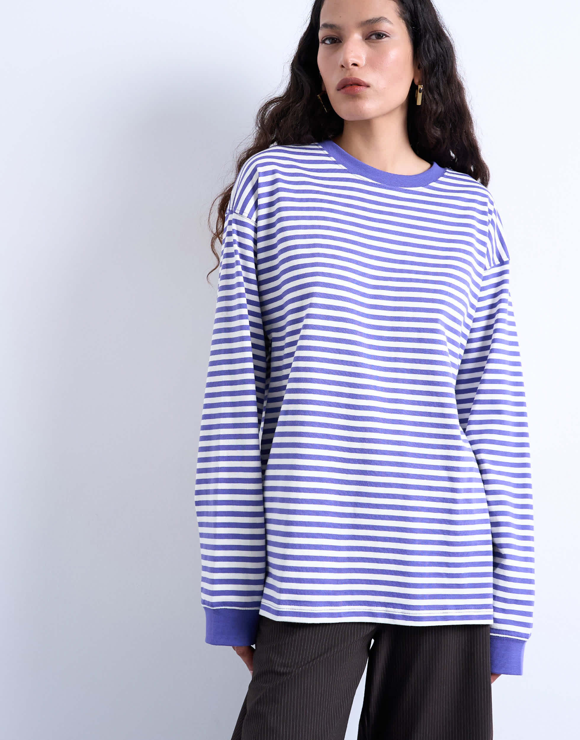 Topshop gestreiftes, langärmeliges, lässiges Skater-T-Shirt in Lila