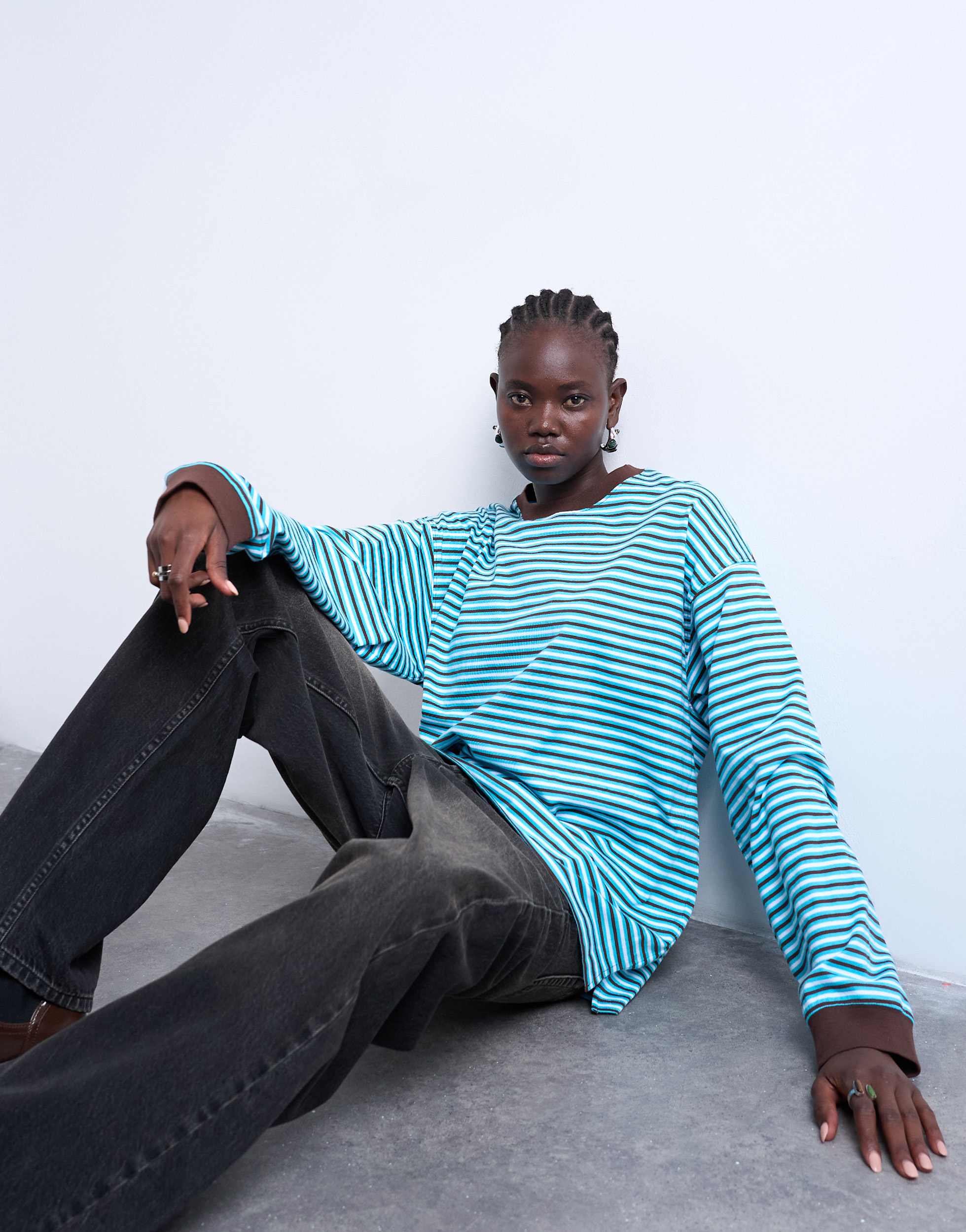 Topshop gestreiftes, langärmeliges, lässiges Skater-T-Shirt in Blau