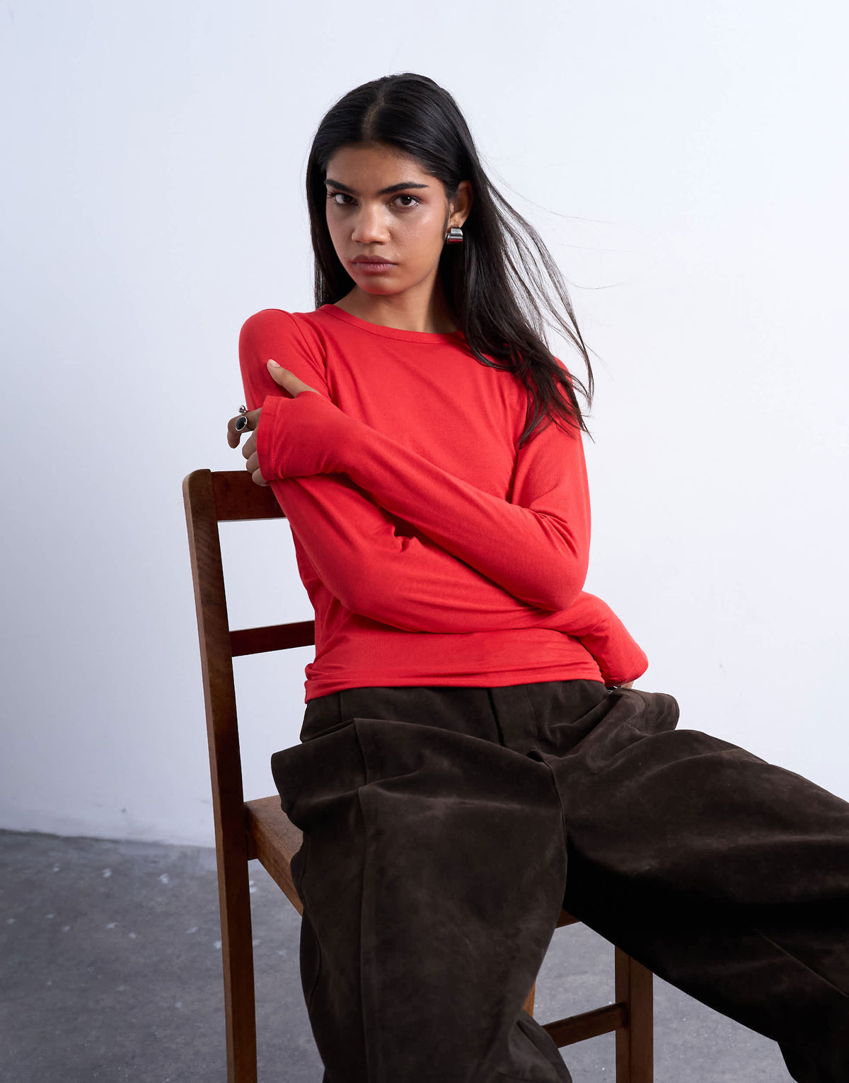 Topshop long sleeve crew neck superfine top in red