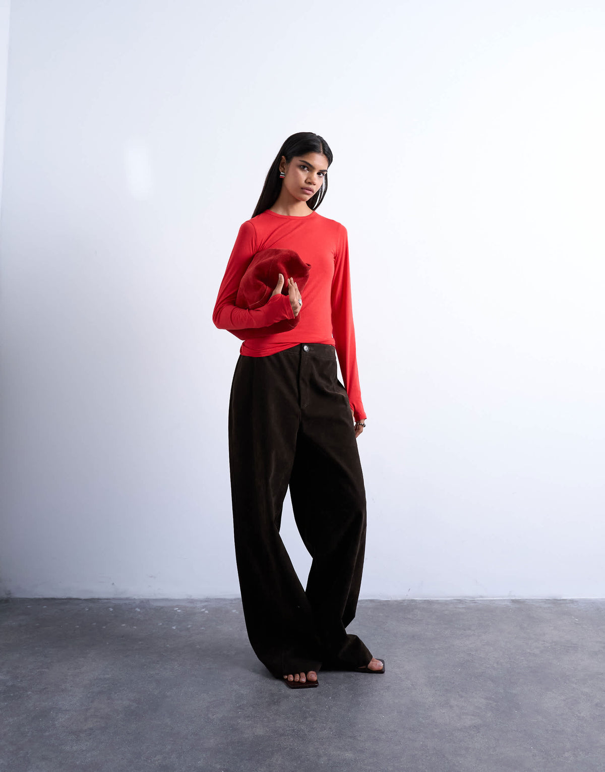 Topshop long sleeve crew neck superfine top in red