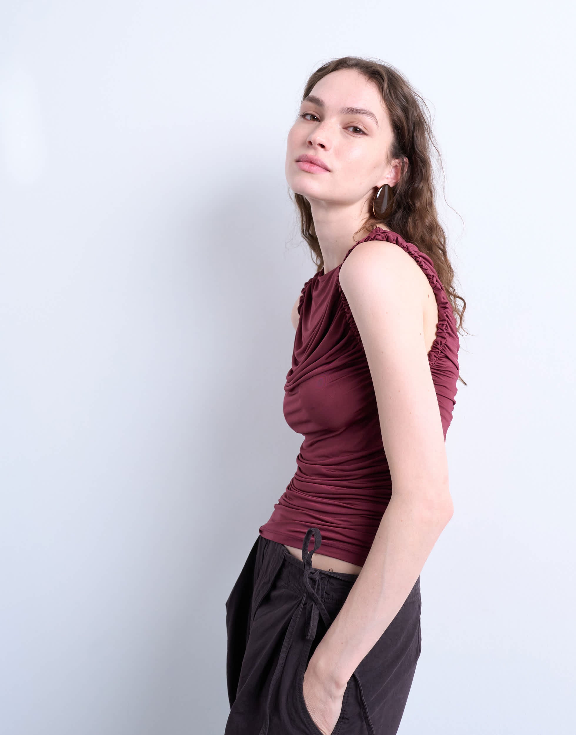 Topshop ruffle detail tank top in berry