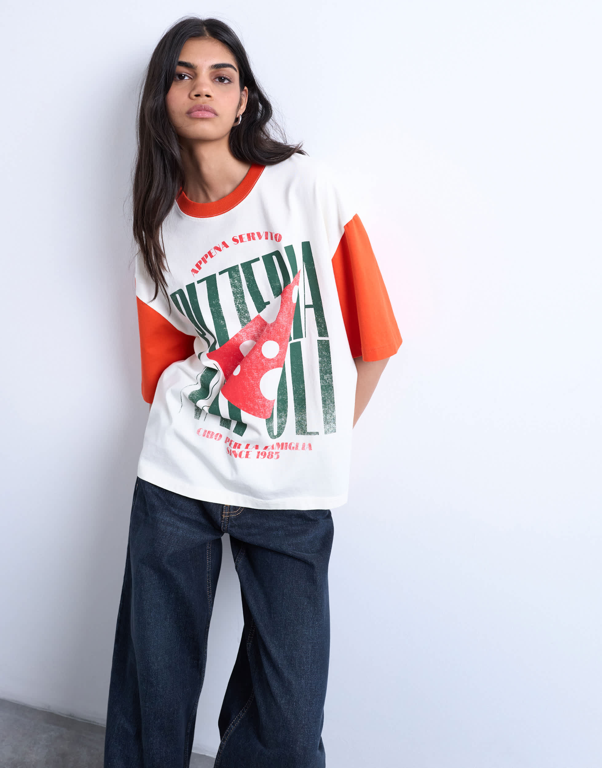 Topshop graphic oversized pizzeria tee with contrast sleeves in white