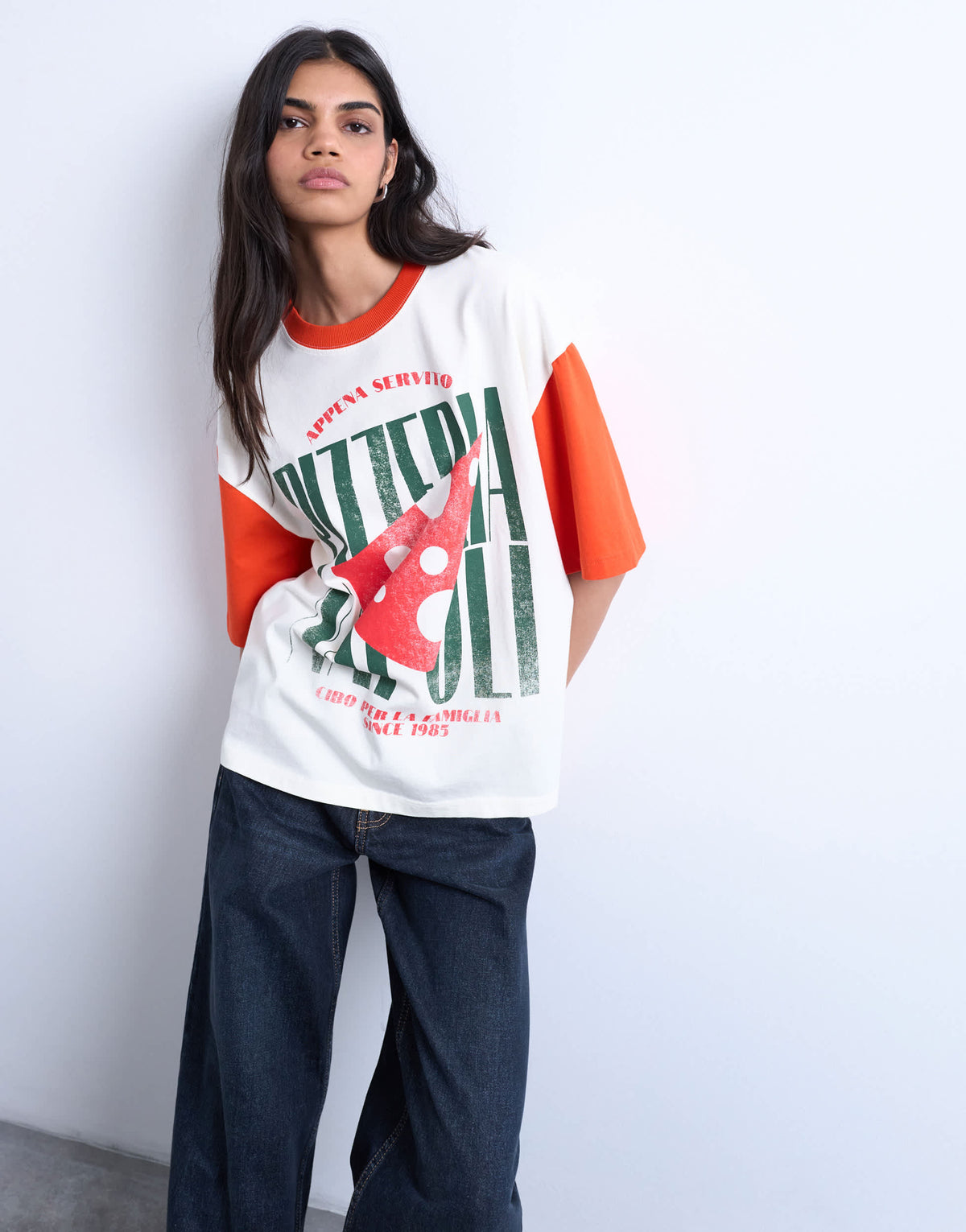 Topshop graphic oversized pizzeria tee with contrast sleeves in white