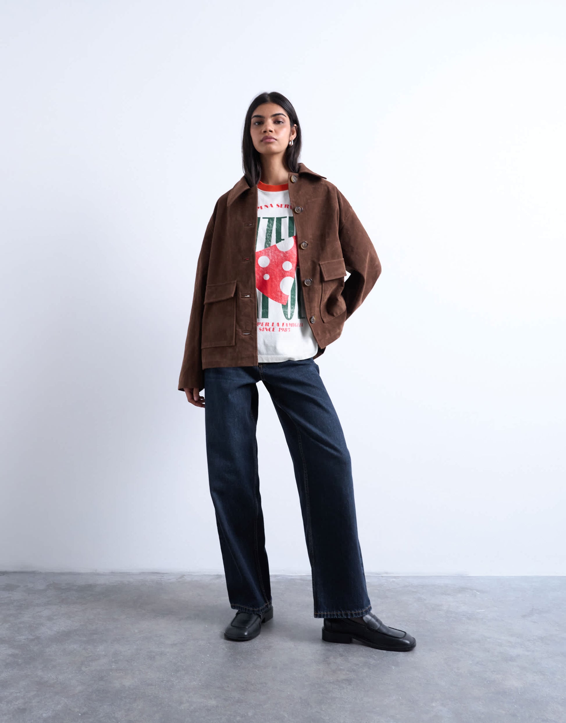 Topshop graphic oversized pizzeria tee with contrast sleeves in white