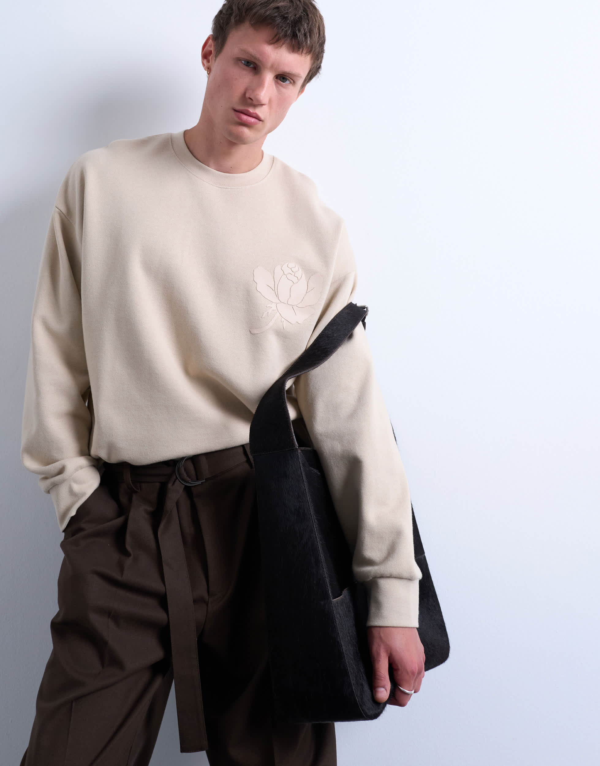 Topman oversized fit sweatshirt with raised floral print in stone