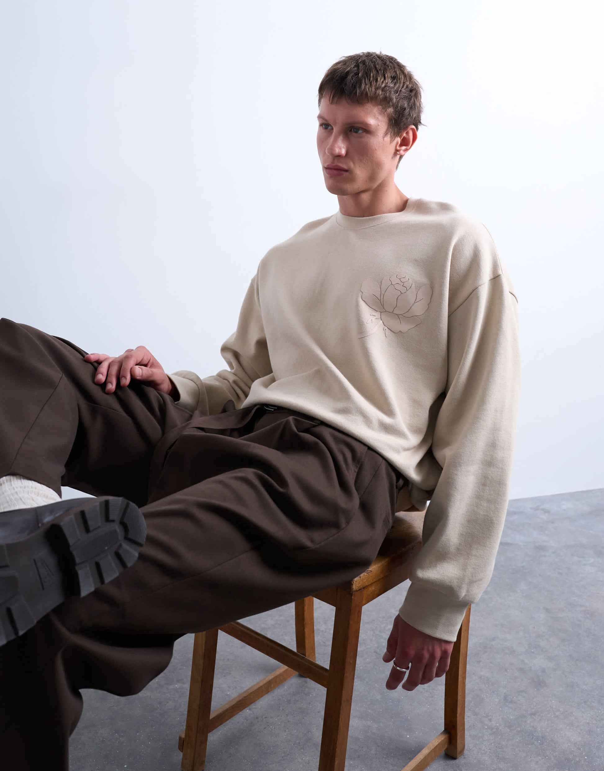 Topman oversized fit sweatshirt with raised floral print in stone