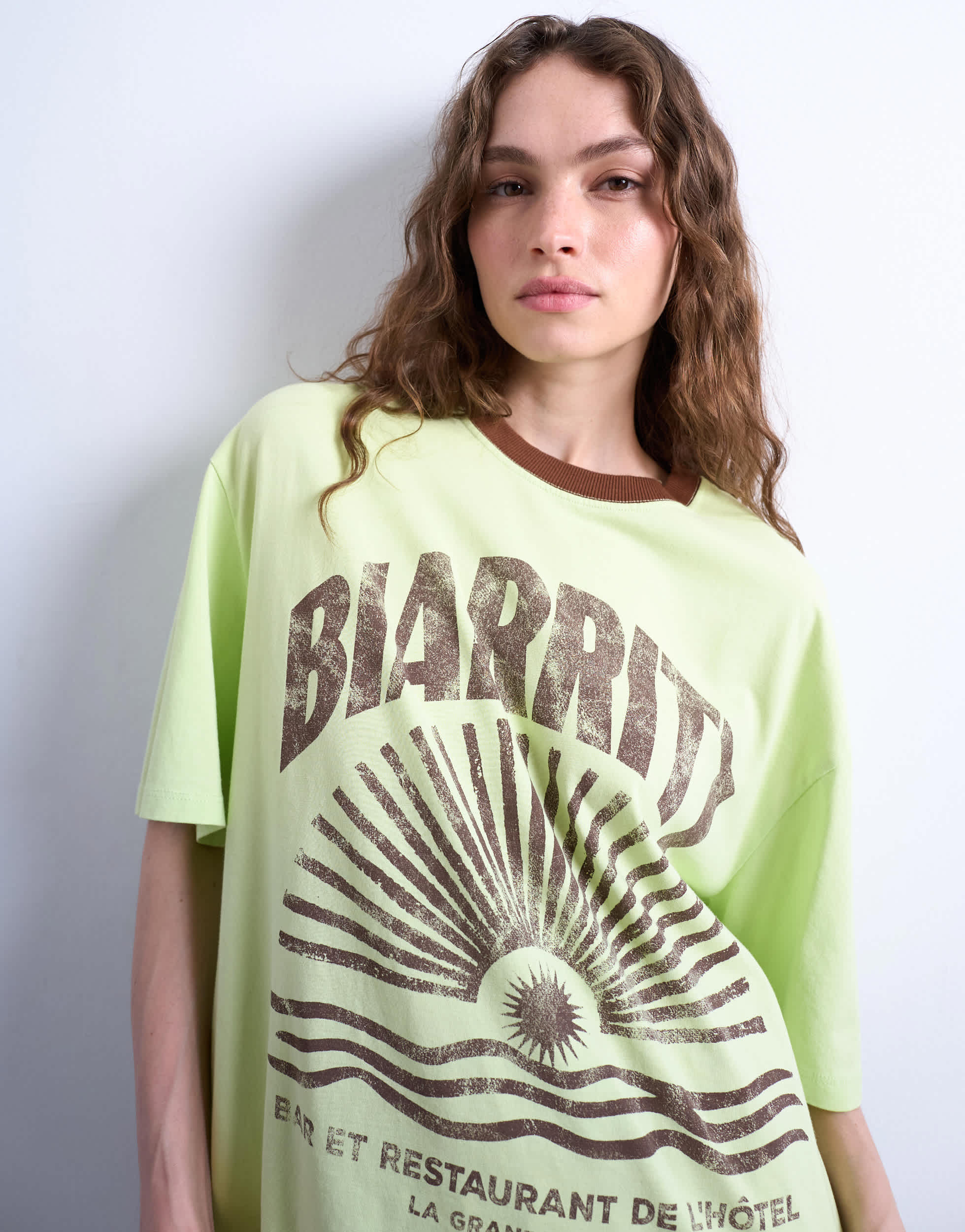 Topshop graphic biarritz oversized ringer tee in green