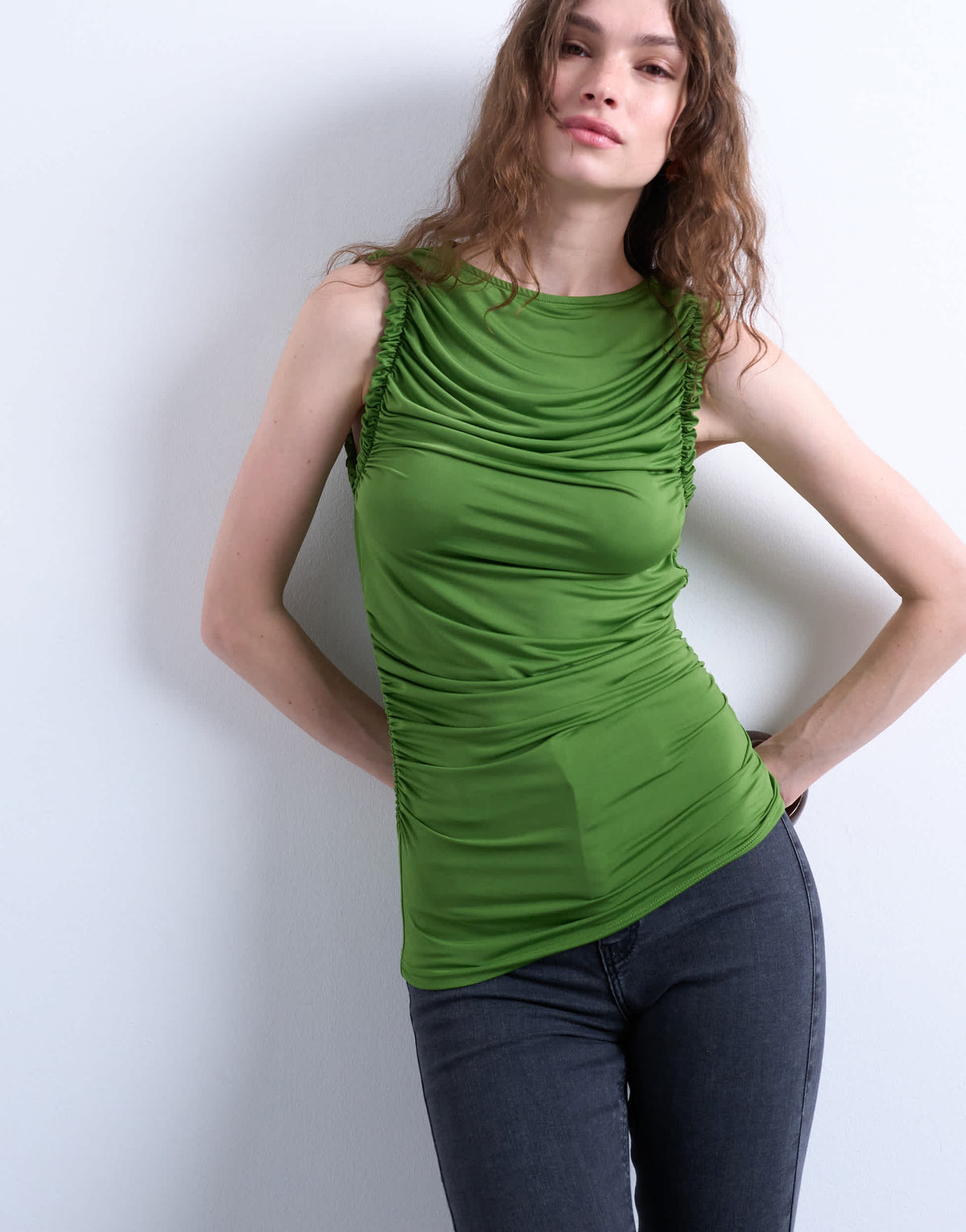 Topshop ruffle detail tank top in green