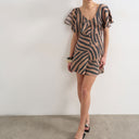 Topshop asymmetric frill mini dress in abstract choc stripe