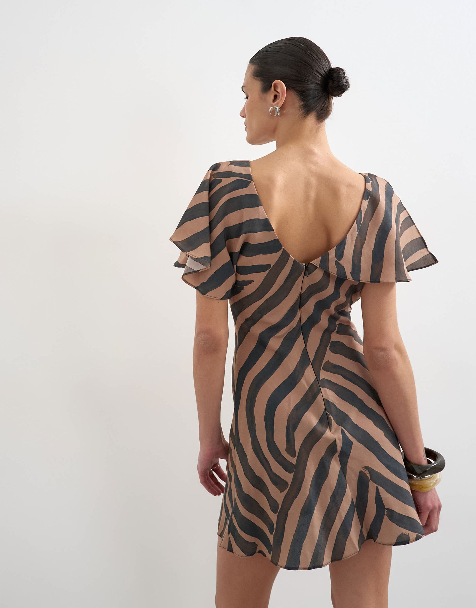 Topshop asymmetric frill mini dress in abstract choc stripe