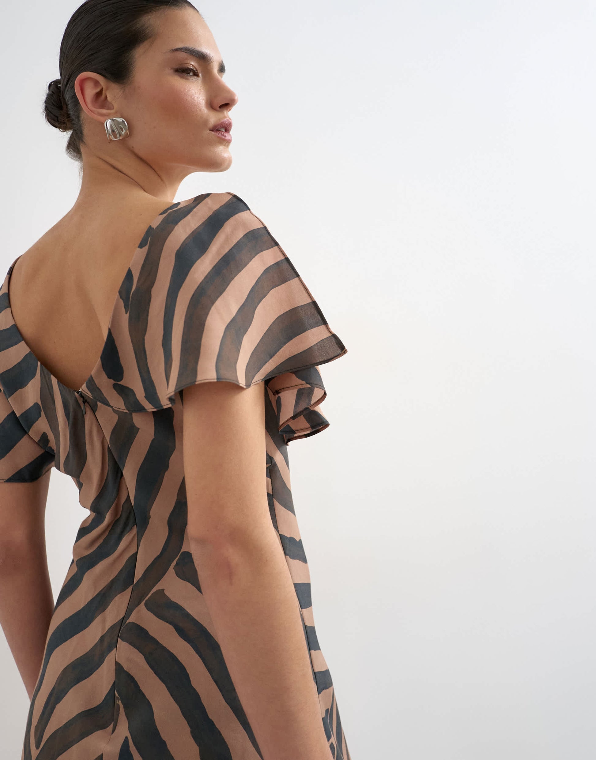 Topshop asymmetric frill mini dress in abstract choc stripe