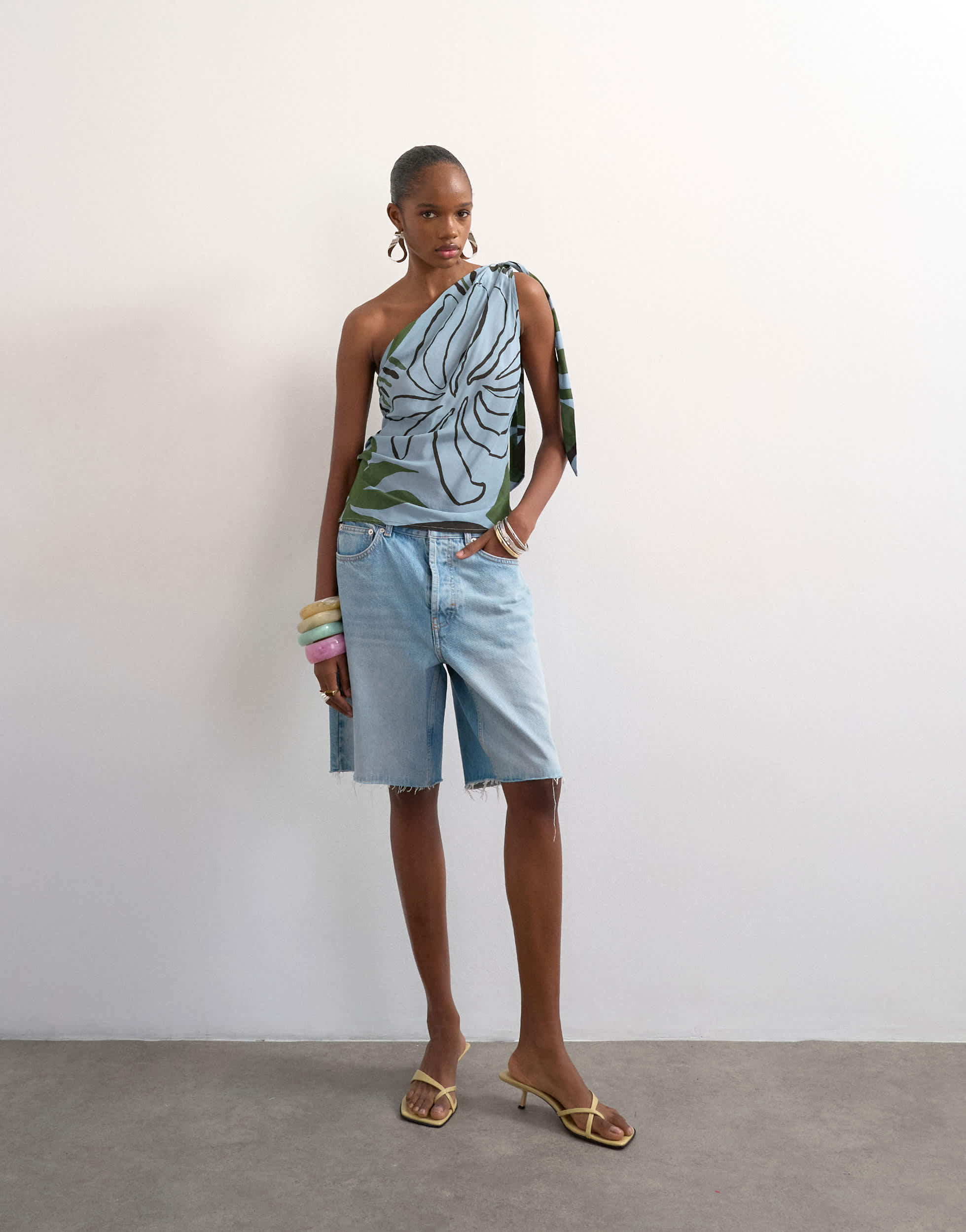 Topshop co ord scarf print one shoulder top in blue abstract leaf print