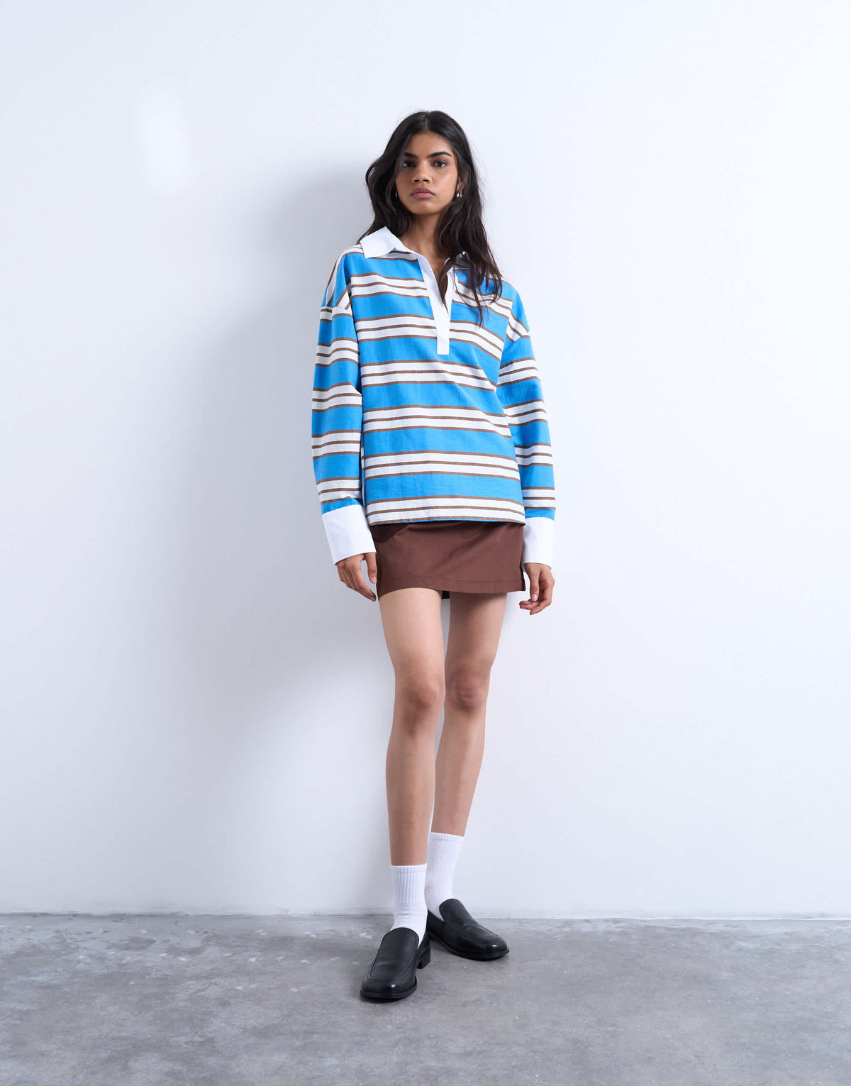 Topshop long sleeve woven polo top in blue stripe