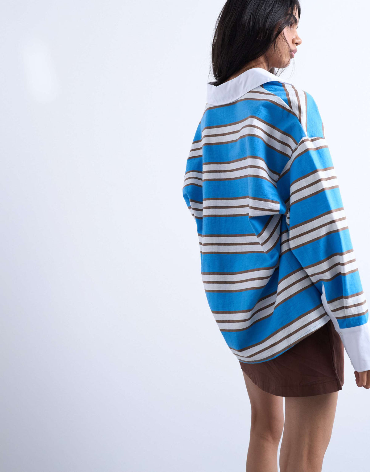 Topshop long sleeve woven polo top in blue stripe