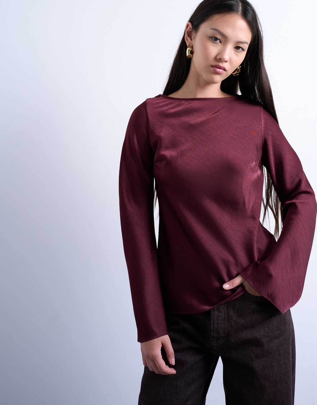 Topshop long sleeve cowl detail top in burgundy