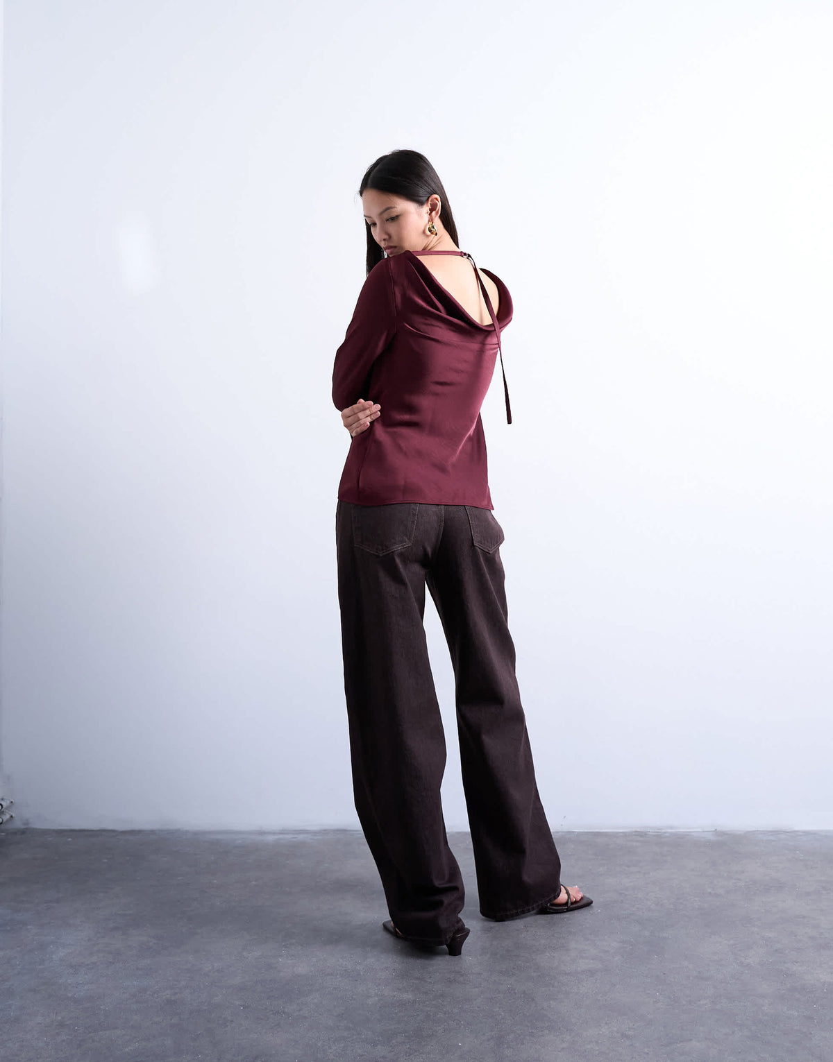 Topshop long sleeve cowl detail top in burgundy