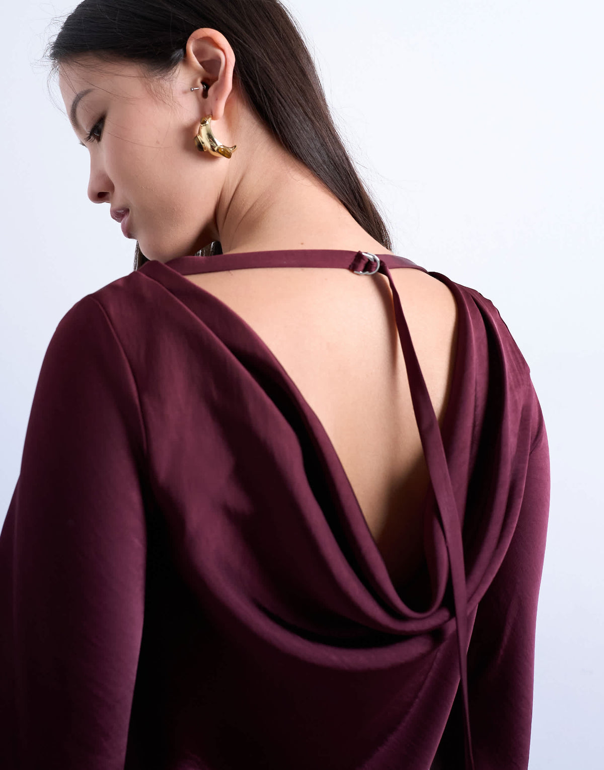 Topshop long sleeve cowl detail top in burgundy