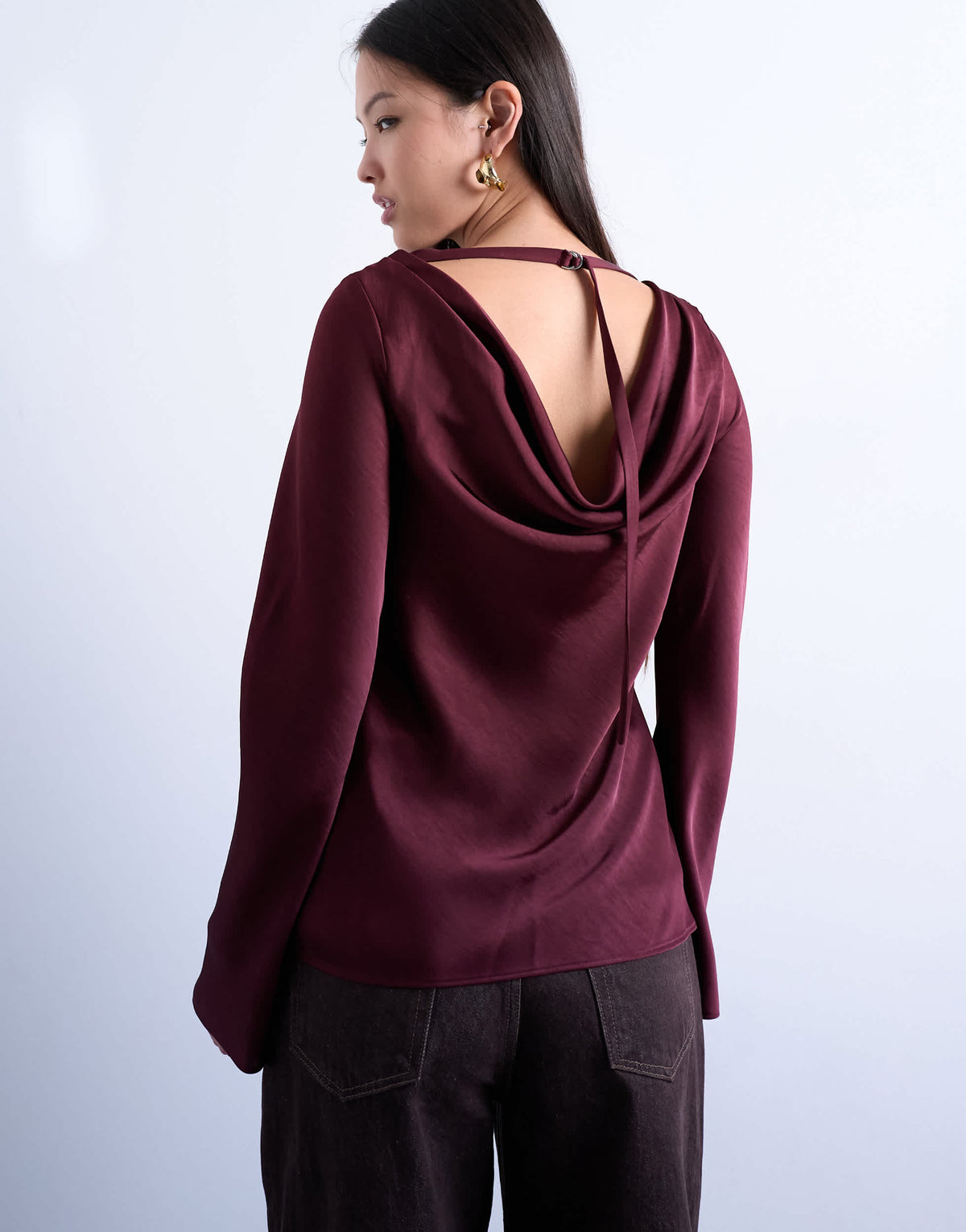 Topshop long sleeve cowl detail top in burgundy