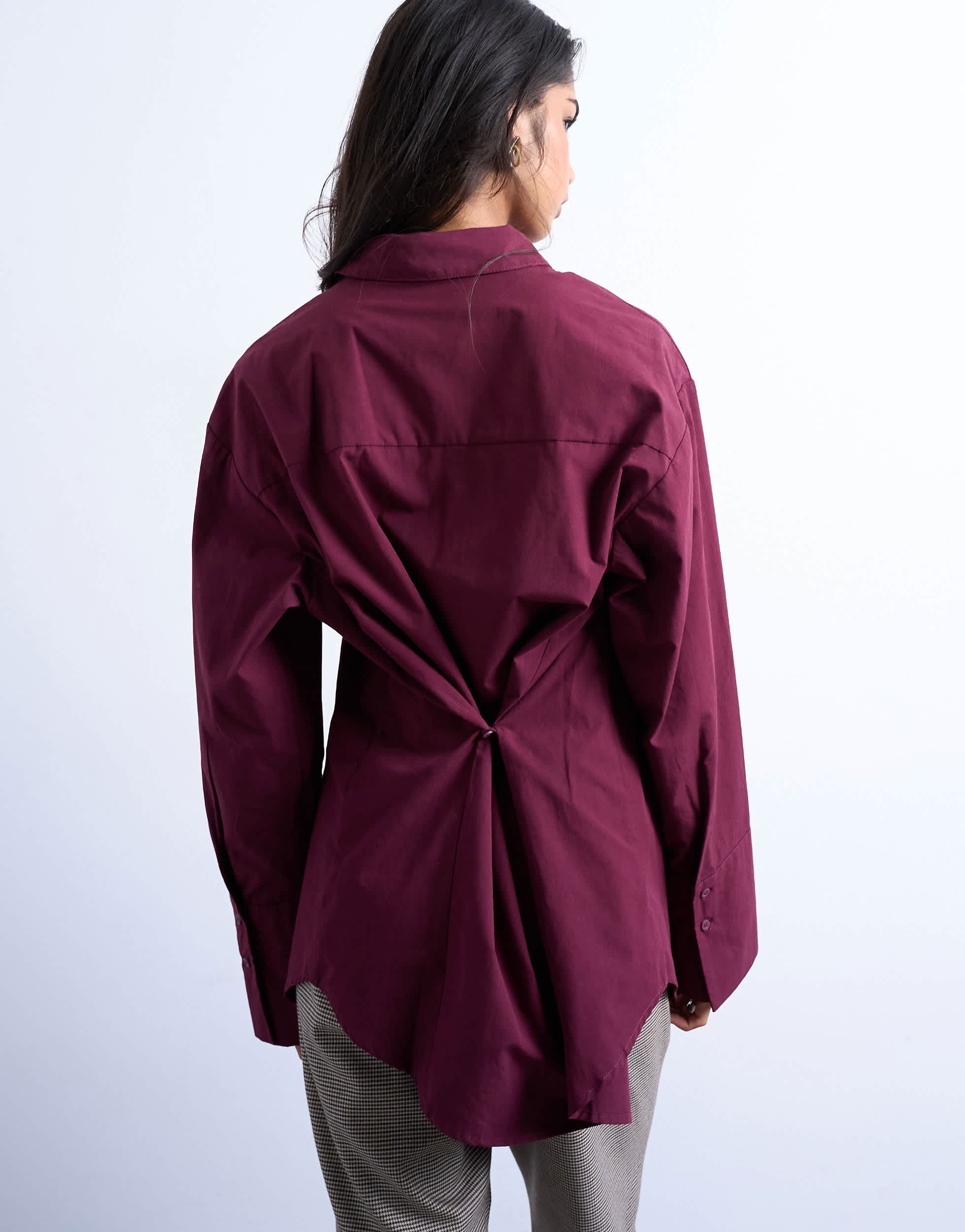 Topshop cinched oversized poplin shirt in burgundy