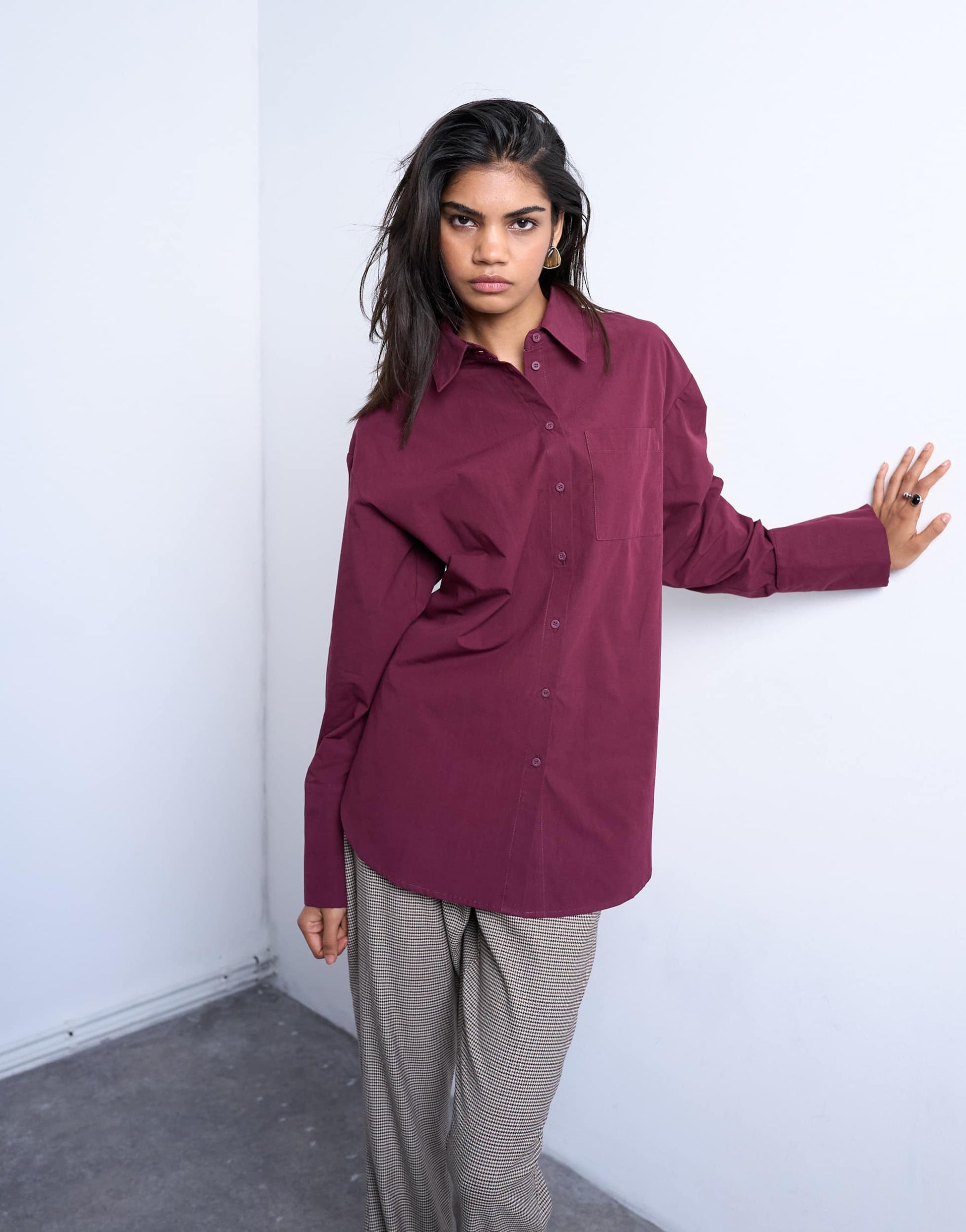 Topshop cinched oversized poplin shirt in burgundy