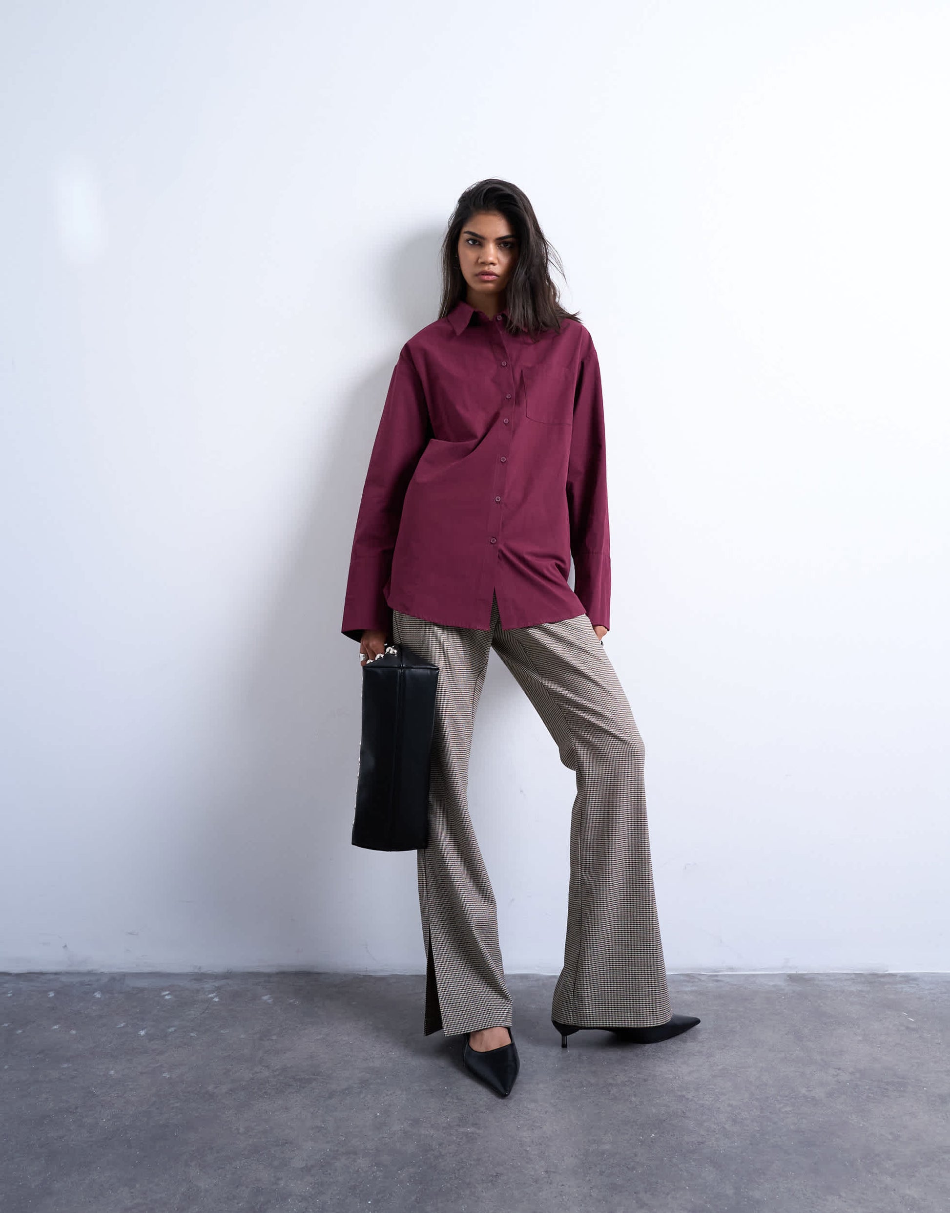 Topshop cinched oversized poplin shirt in burgundy