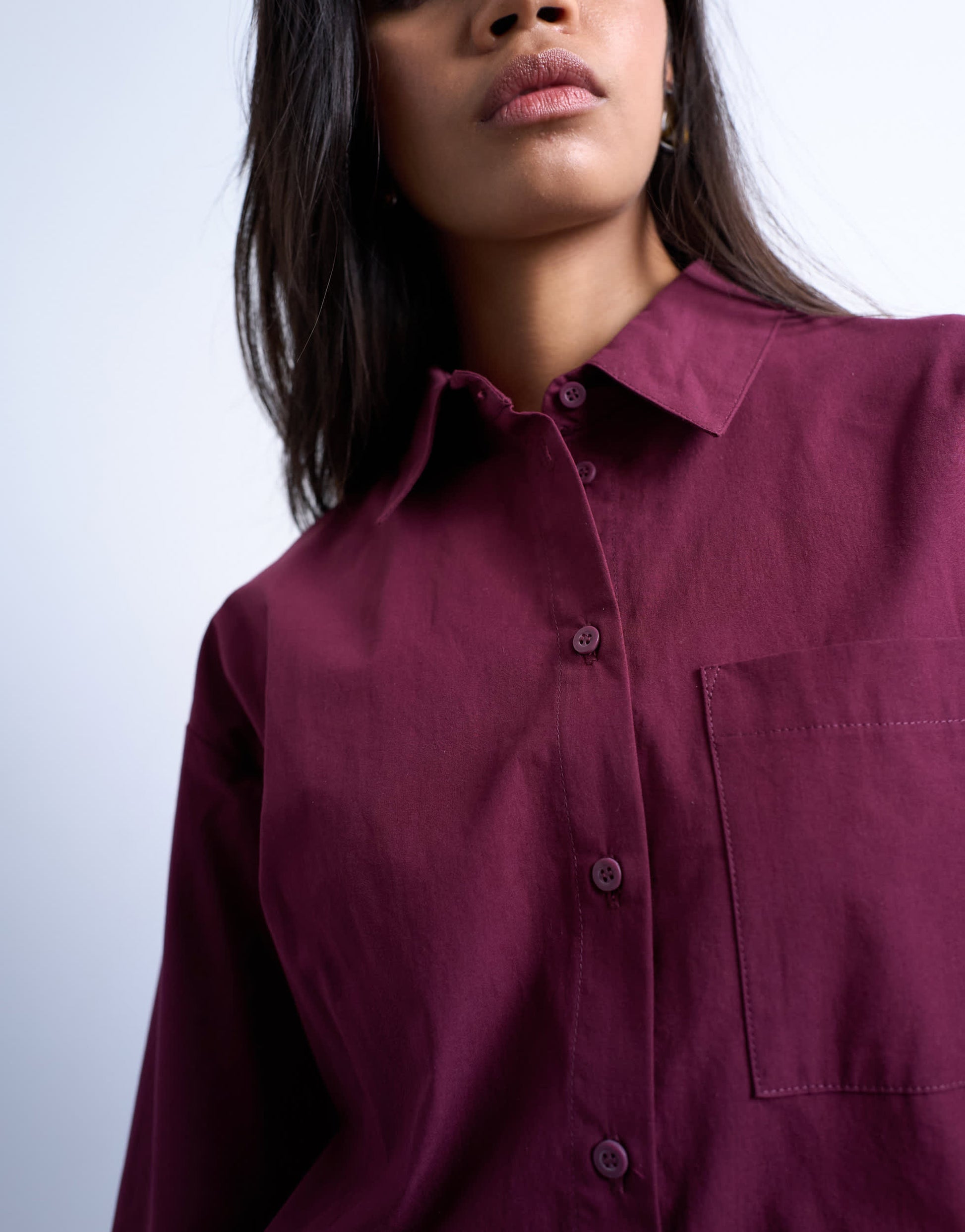 Topshop cinched oversized poplin shirt in burgundy