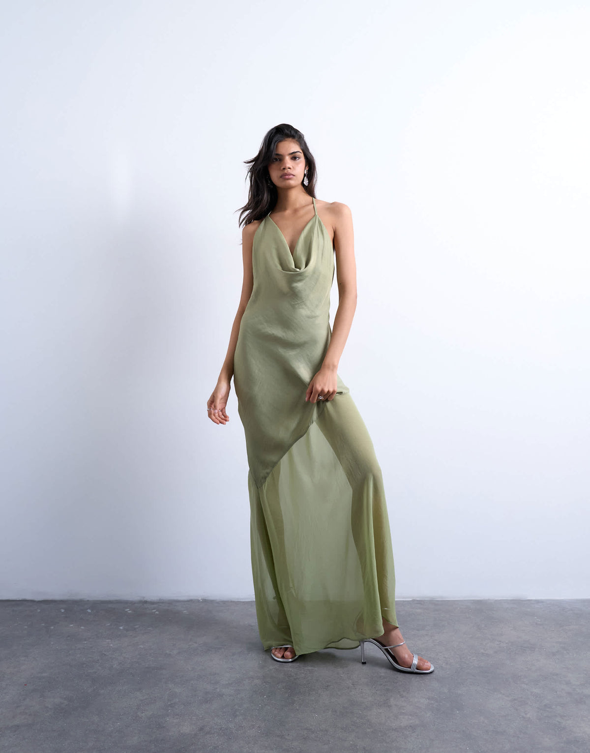Topshop occasion mixed fabric cowl neck dress in soft green