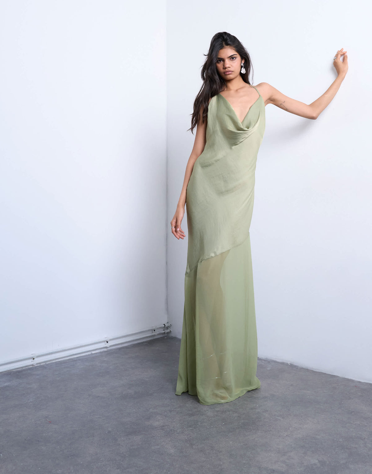 Topshop occasion mixed fabric cowl neck dress in soft green