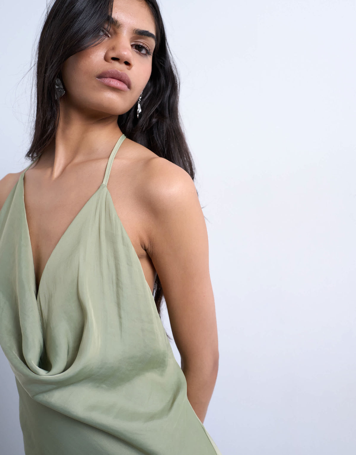 Topshop occasion mixed fabric cowl neck dress in soft green