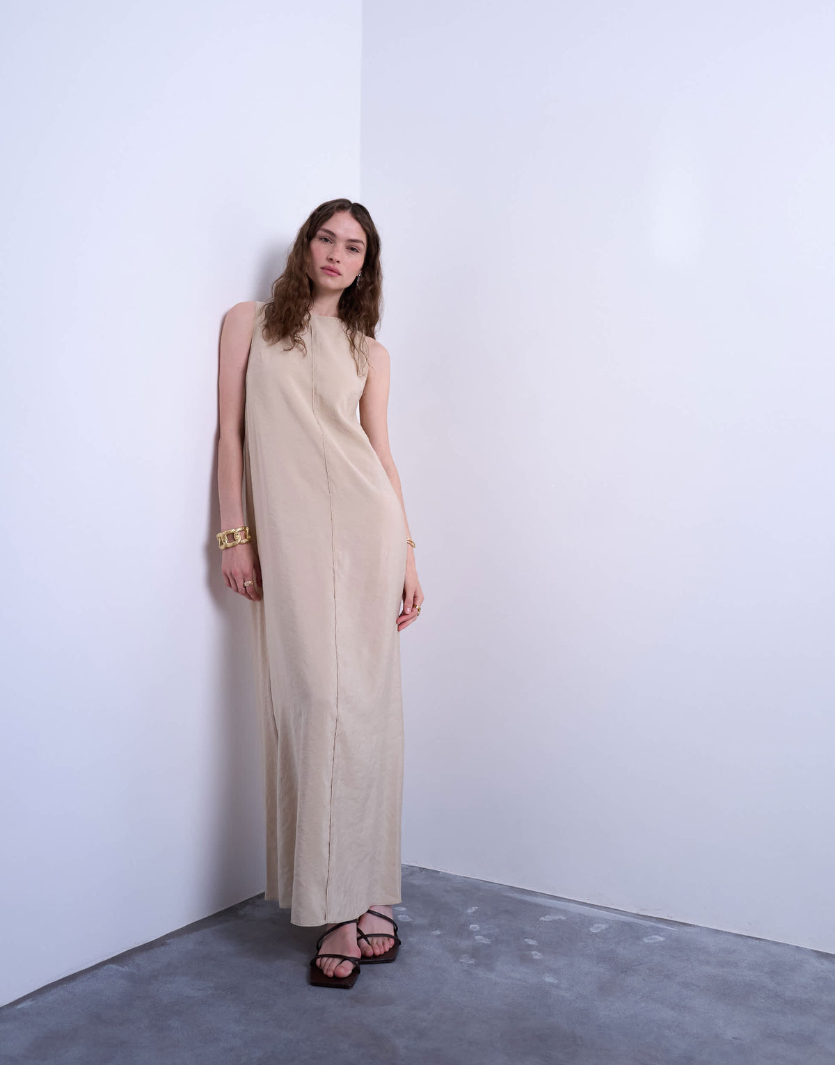 Topshop high neck open back chuck on cupro midi dress in buttermilk