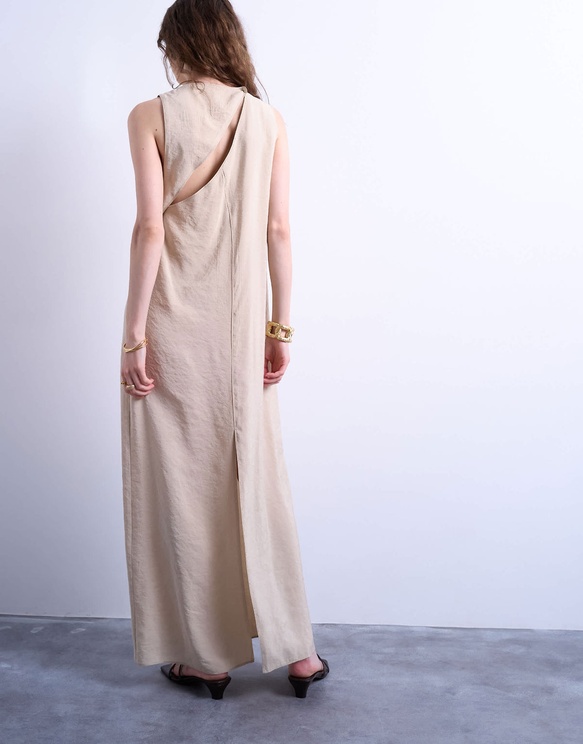 Topshop high neck open back chuck on cupro midi dress in buttermilk