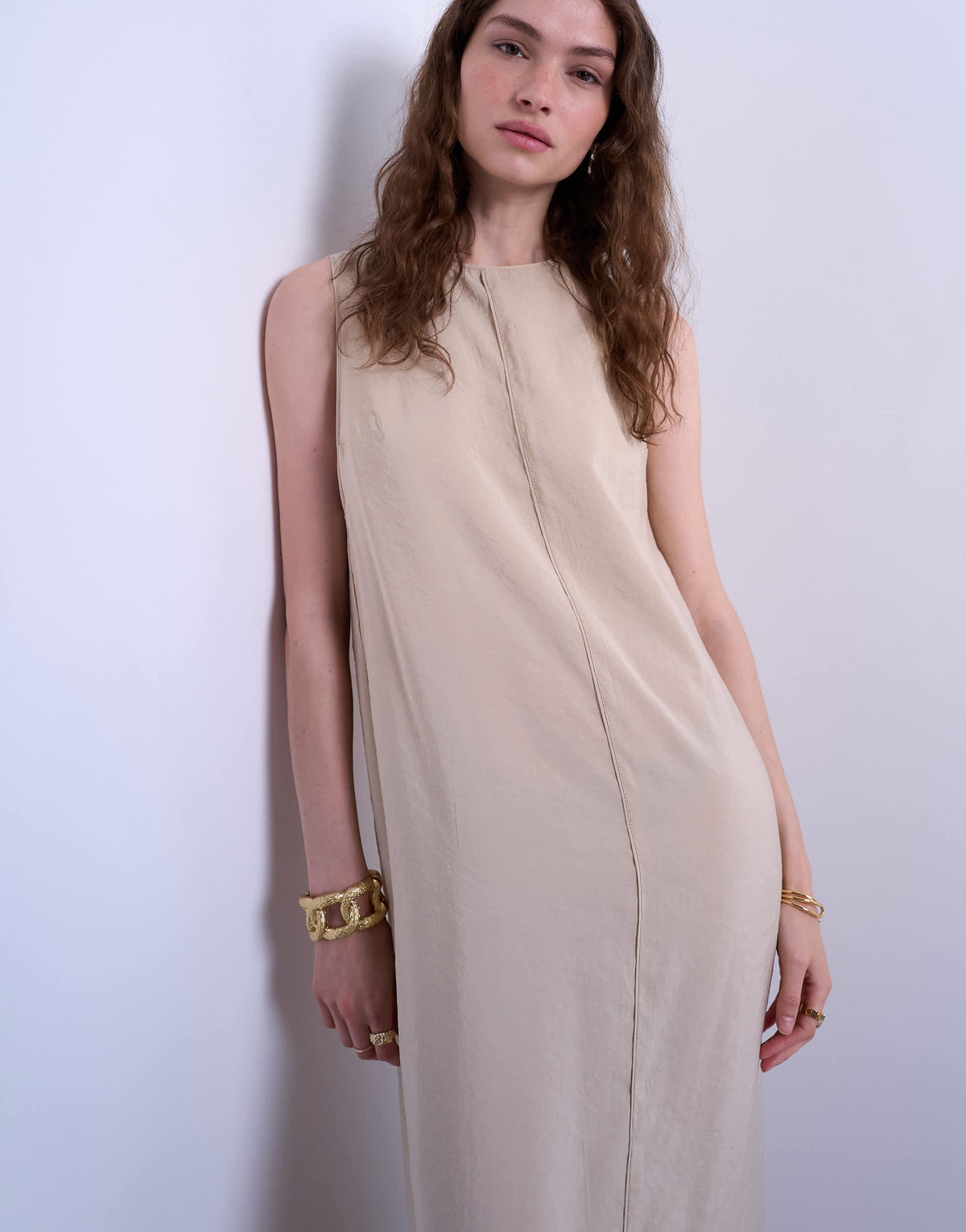 Topshop high neck open back chuck on cupro midi dress in buttermilk