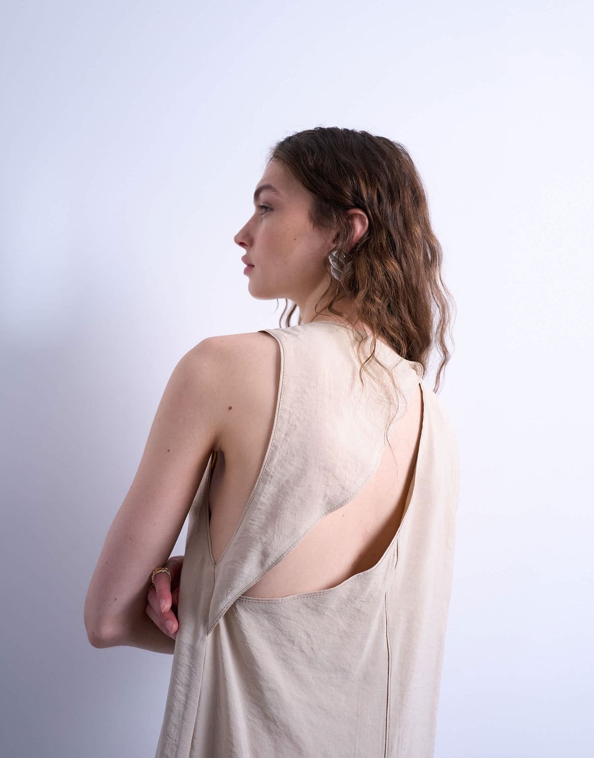 Topshop high neck open back chuck on cupro midi dress in buttermilk
