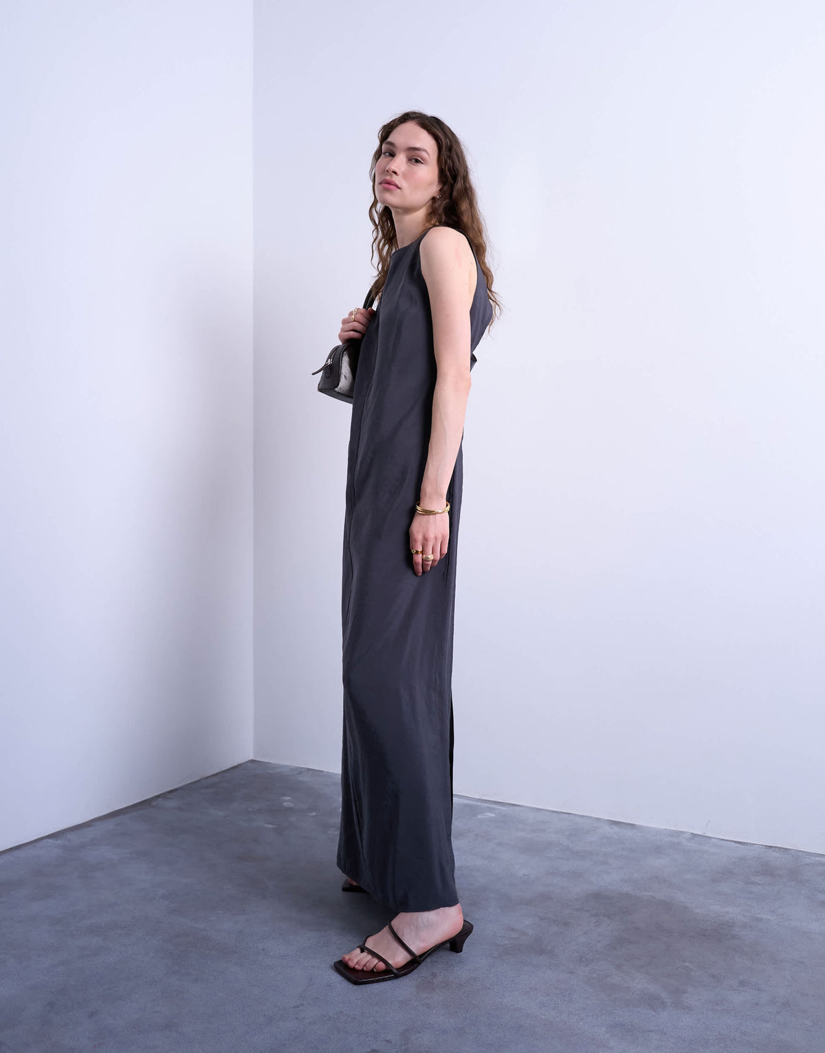 Topshop high neck open back chuck on cupro midi dress in charcoal