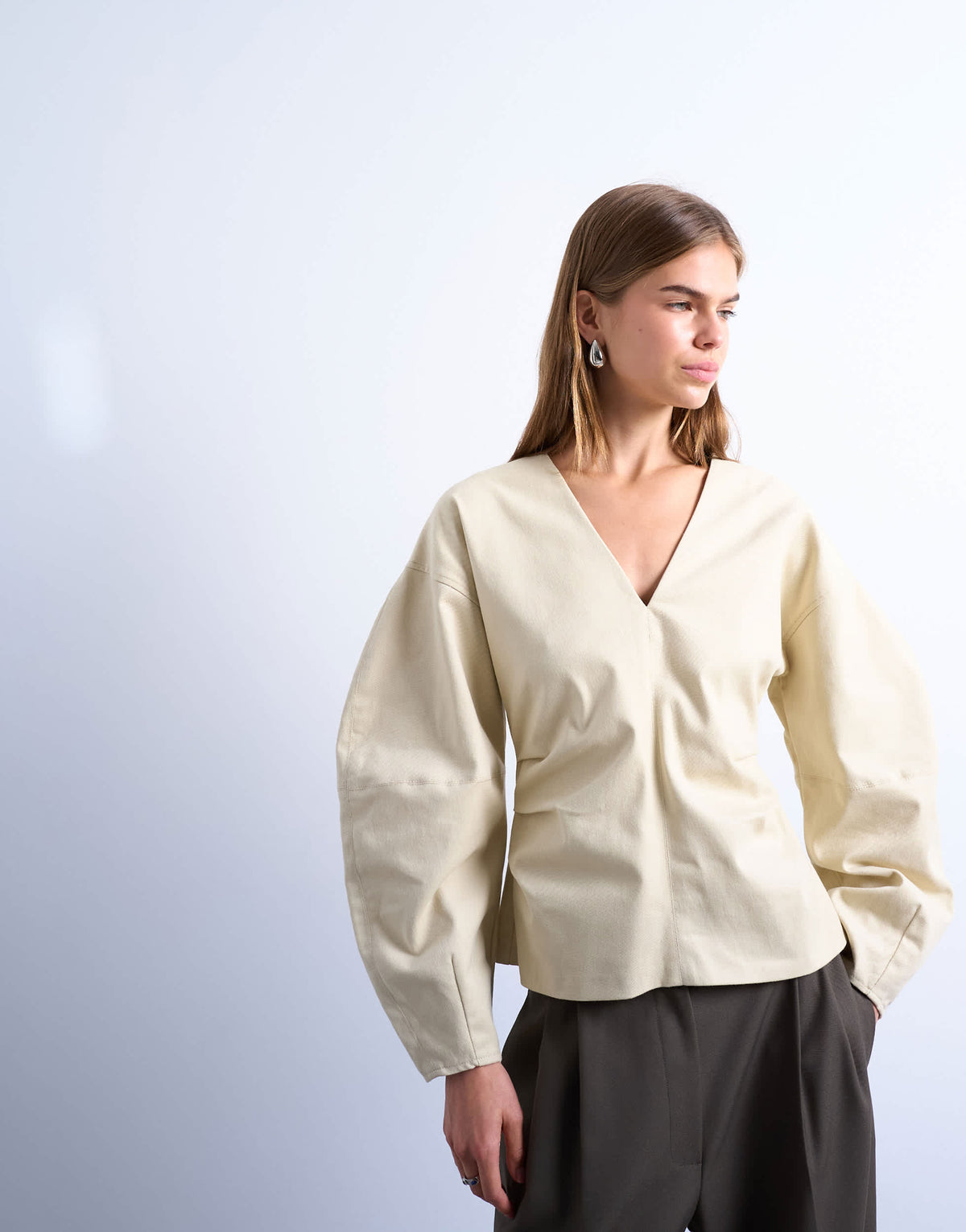 Topshop V neck ovoid sleeve top in cream
