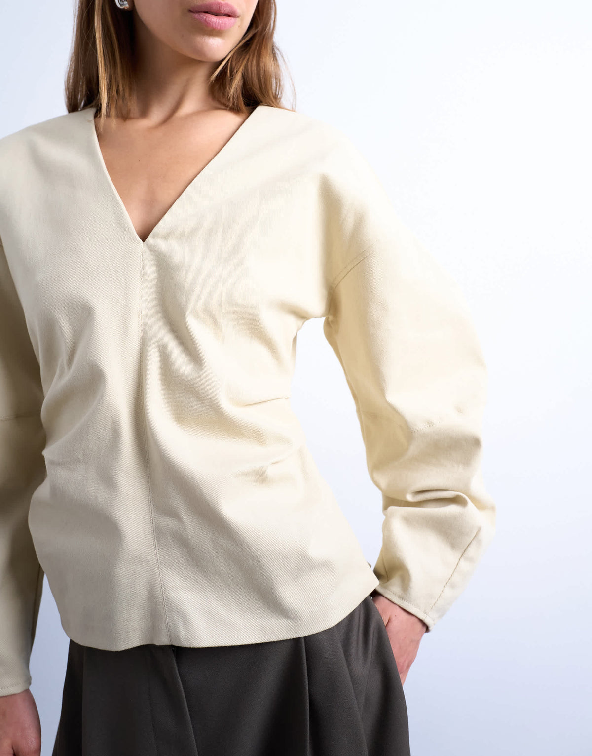 Topshop V neck ovoid sleeve top in cream