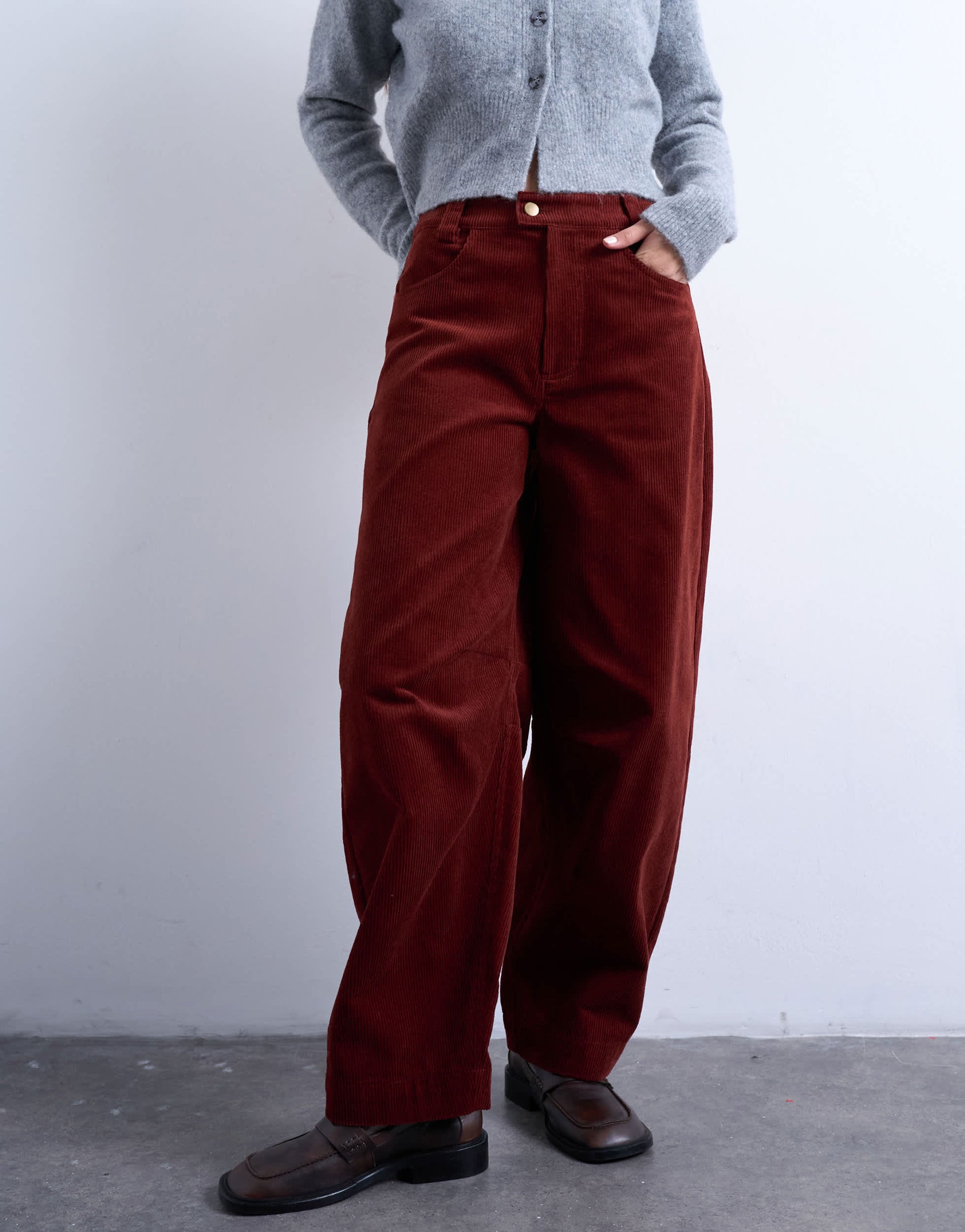 Topshop cord high rise barrel trouser in rust