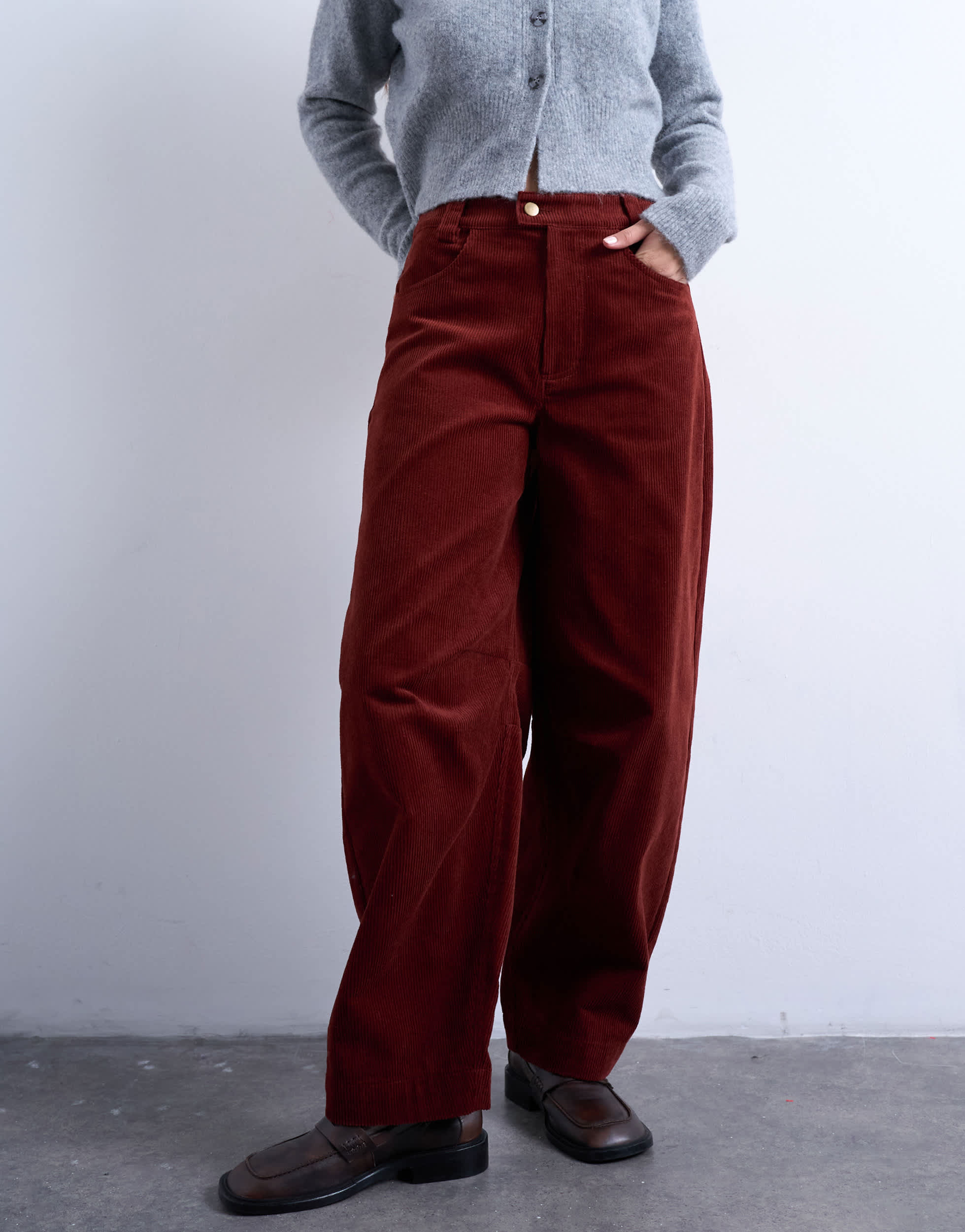Topshop cord high rise barrel trouser in rust