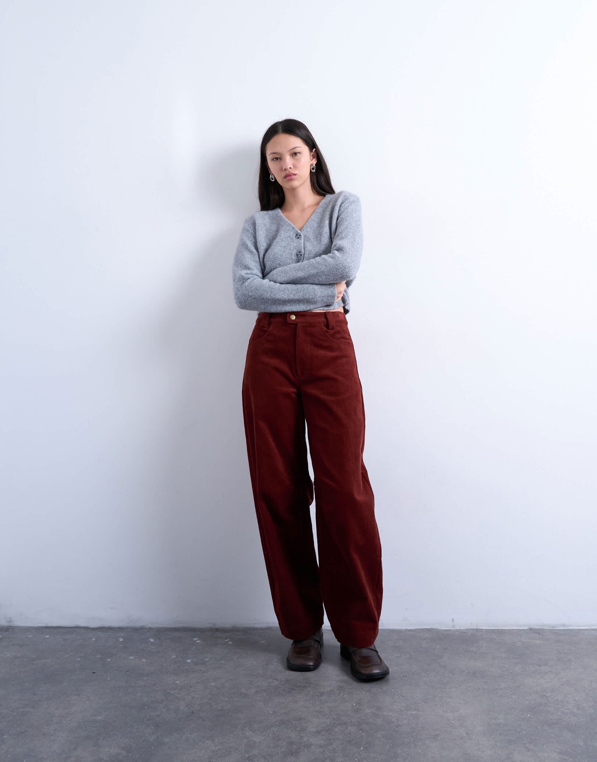 Topshop cord high rise barrel trouser in rust