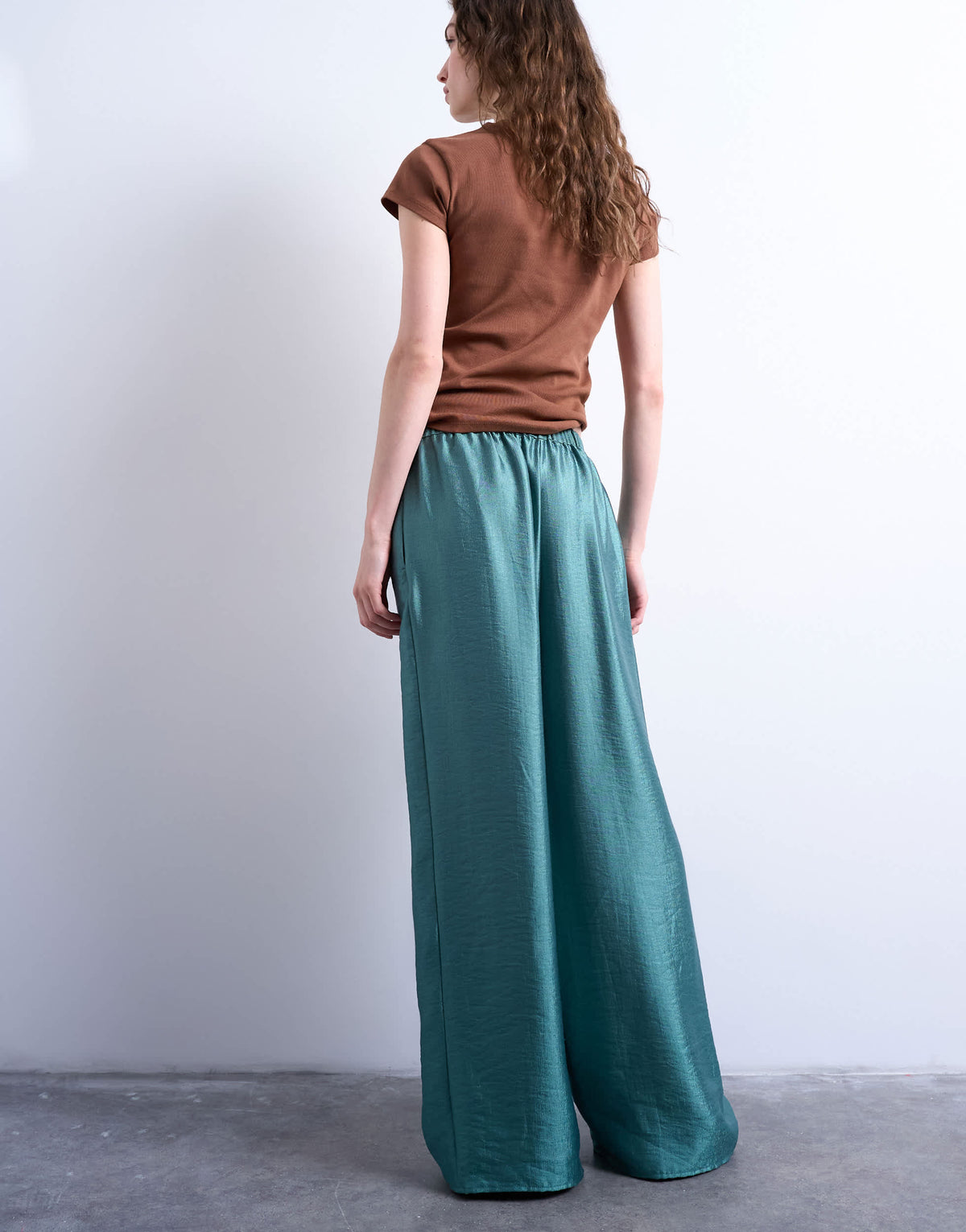 Topshop textured satin low rise straight leg trouser in turquoise