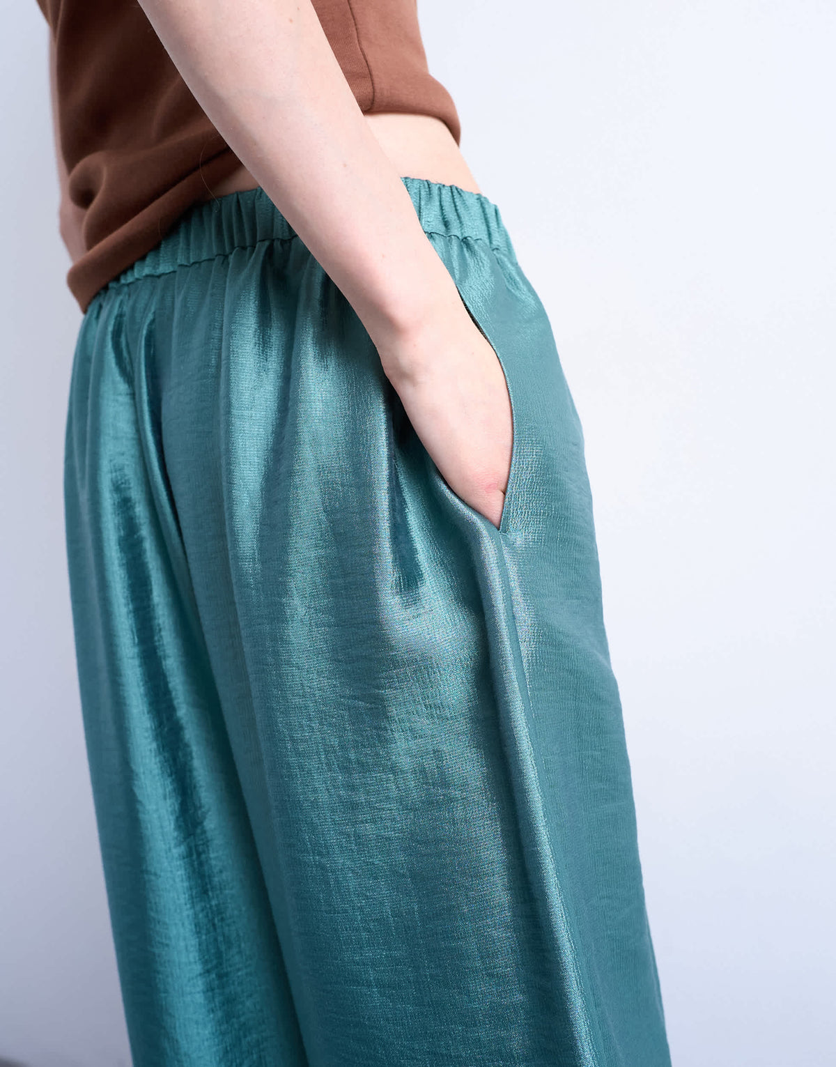 Topshop textured satin low rise straight leg trouser in turquoise
