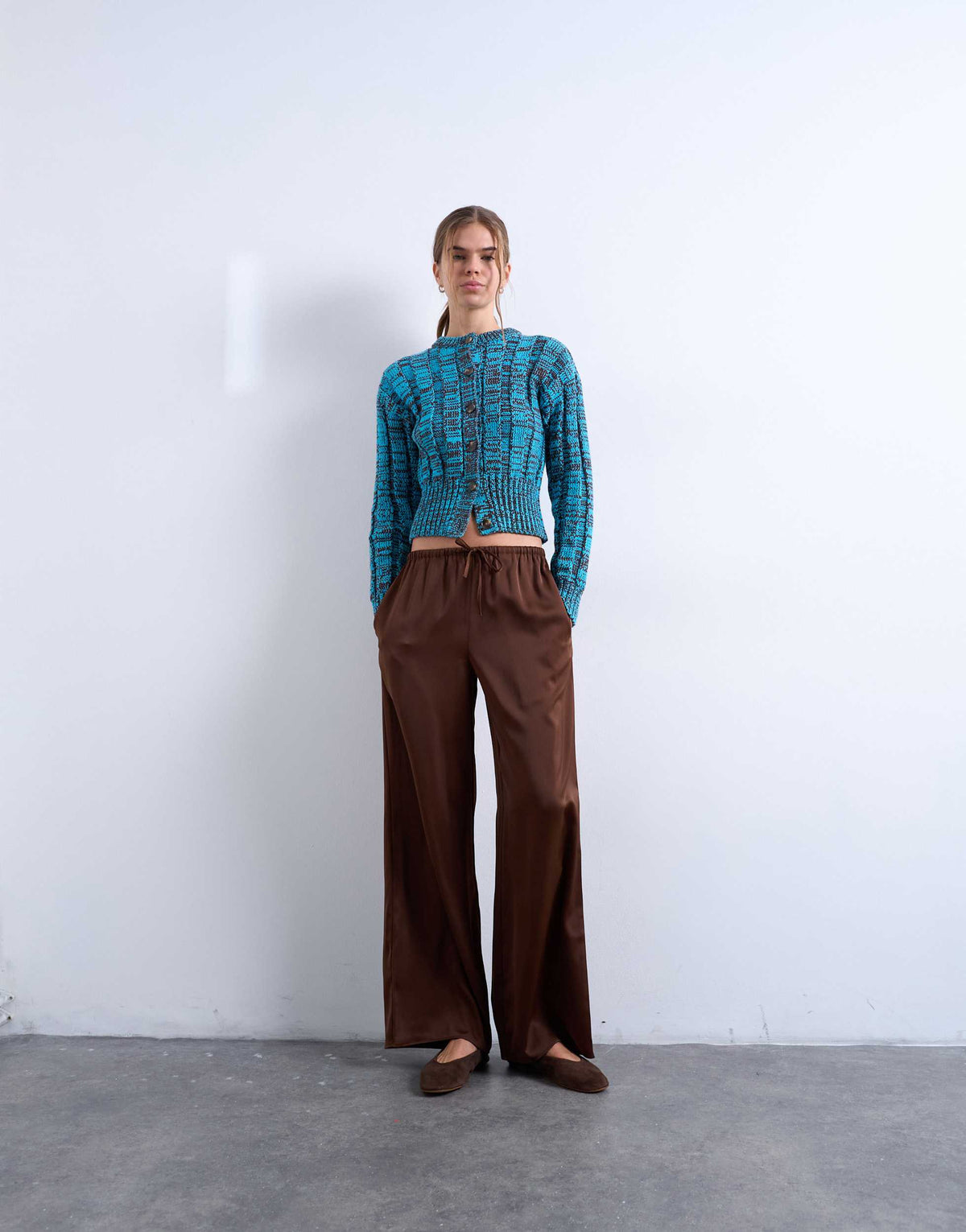 Topshop satin tie waist wide leg trouser in chocolate