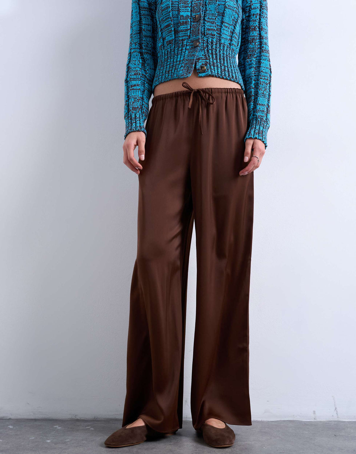 Topshop satin tie waist wide leg trouser in chocolate