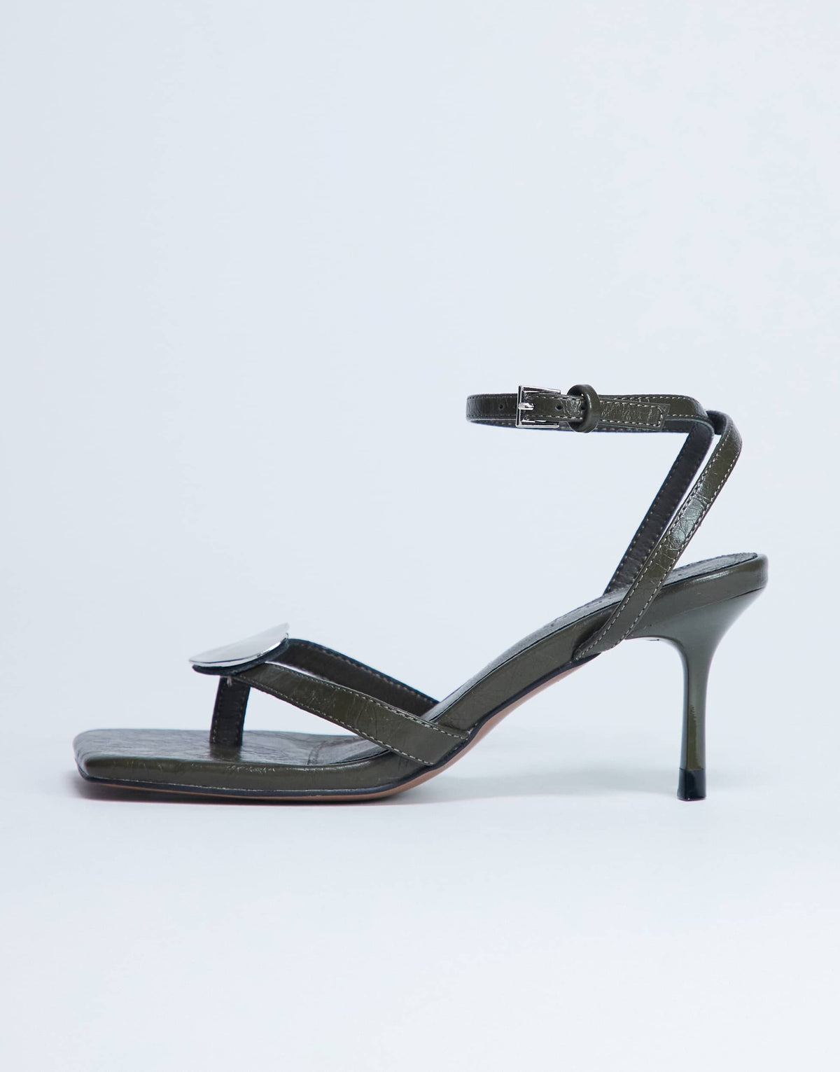 Topshop Gilly heeled toe thong with metal detail in khaki