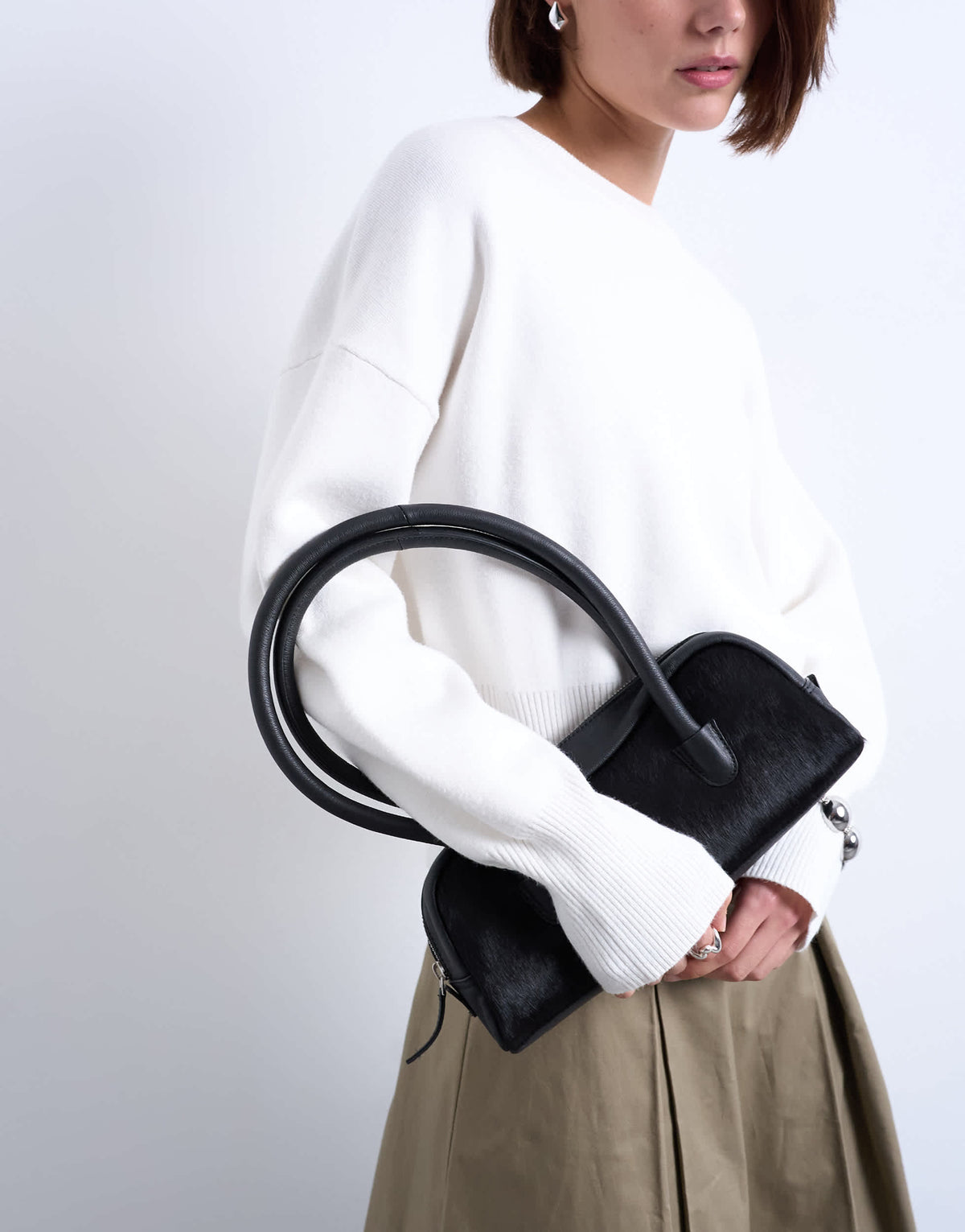 Topshop Sullivan small hair on leather shoulder bowler bag in black