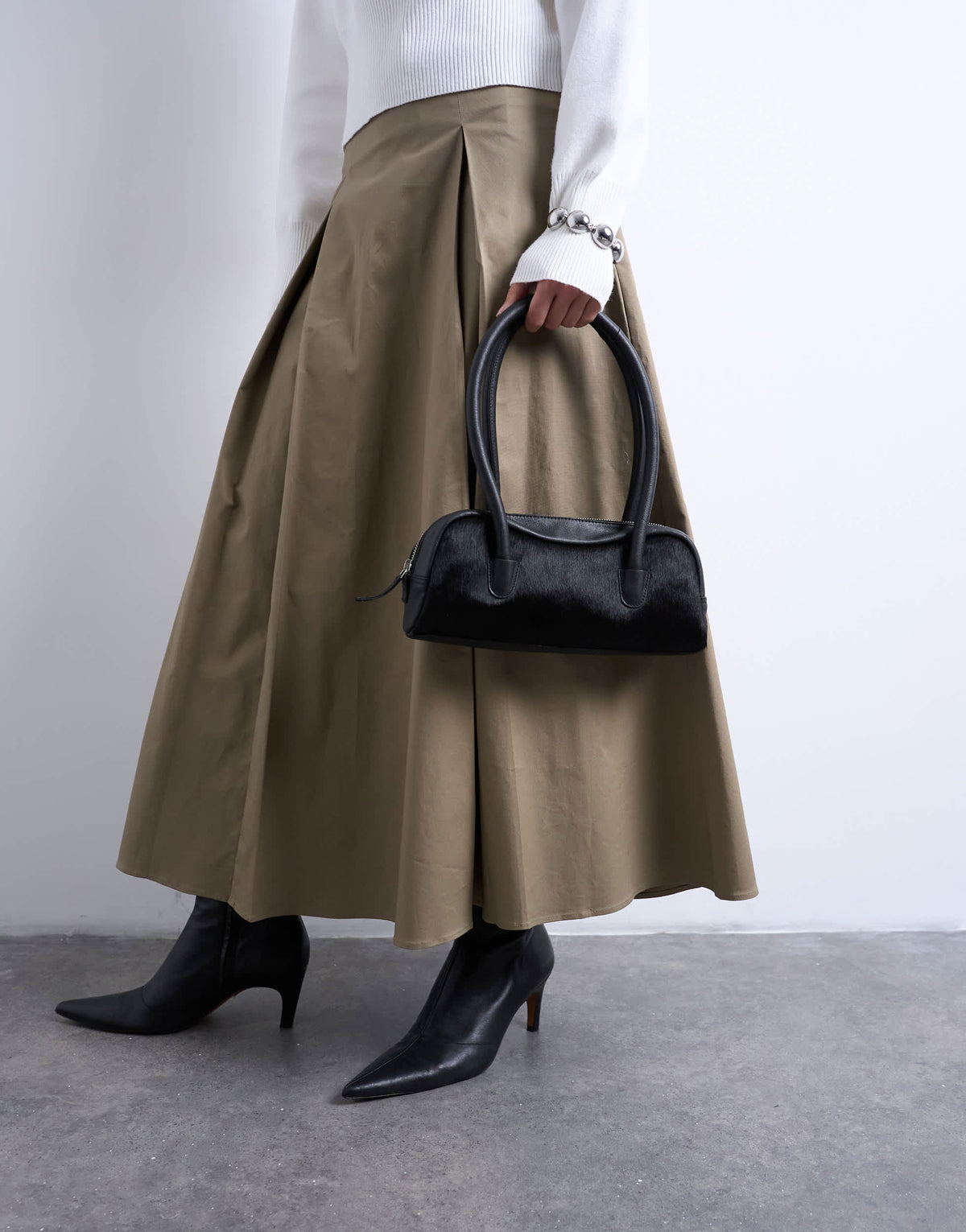 Topshop Sullivan small hair on leather shoulder bowler bag in black
