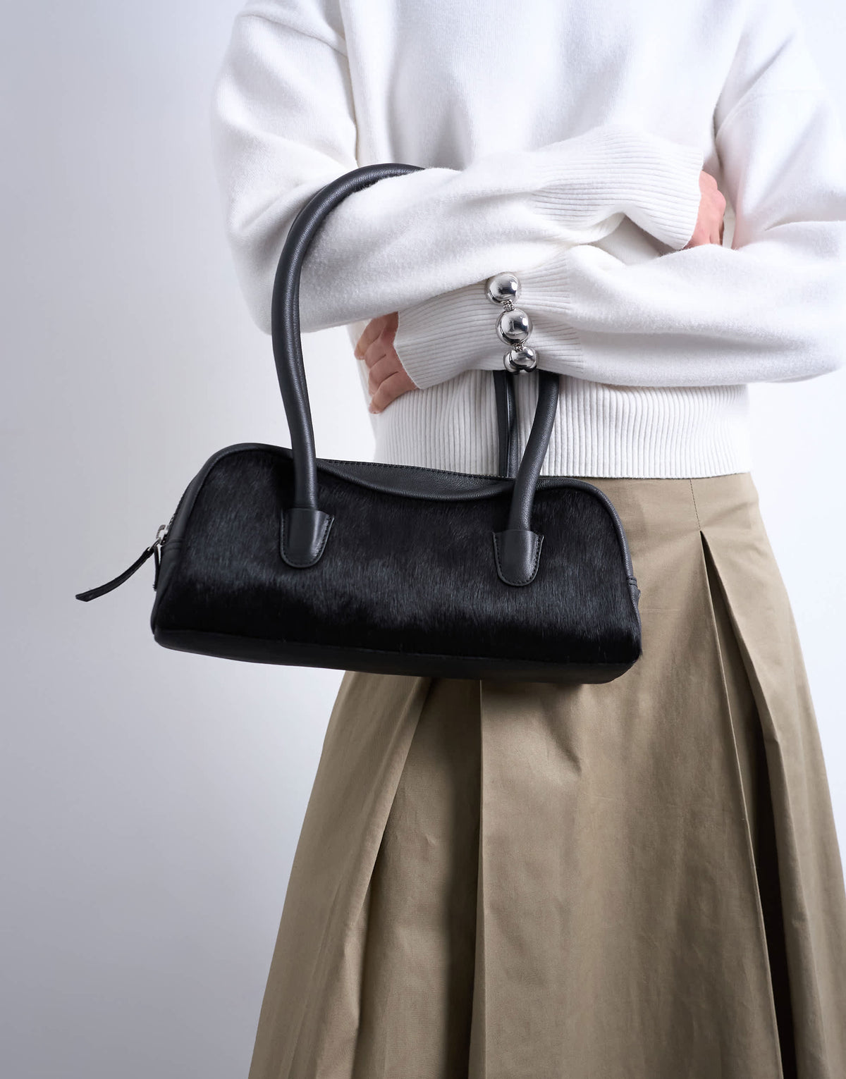 Topshop Sullivan small hair on leather shoulder bowler bag in black