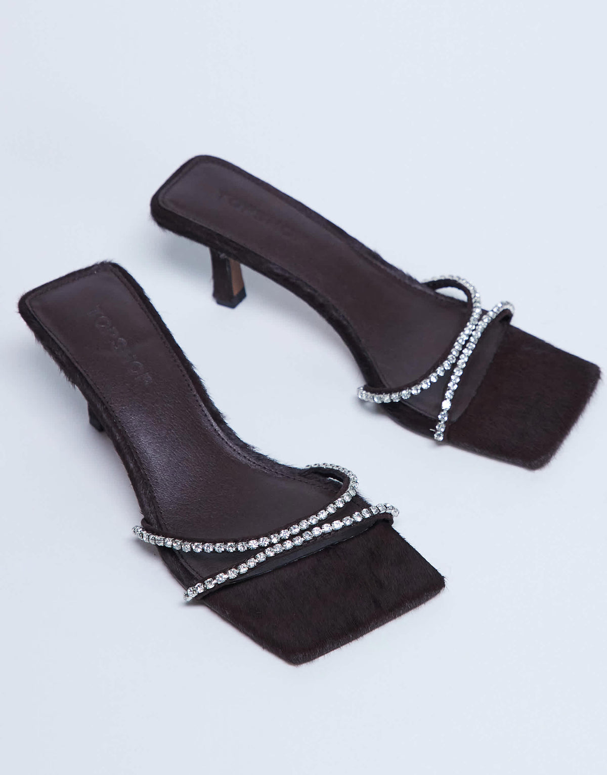 Topshop Astrid diamante heeled mule in chocolate hair on real leather